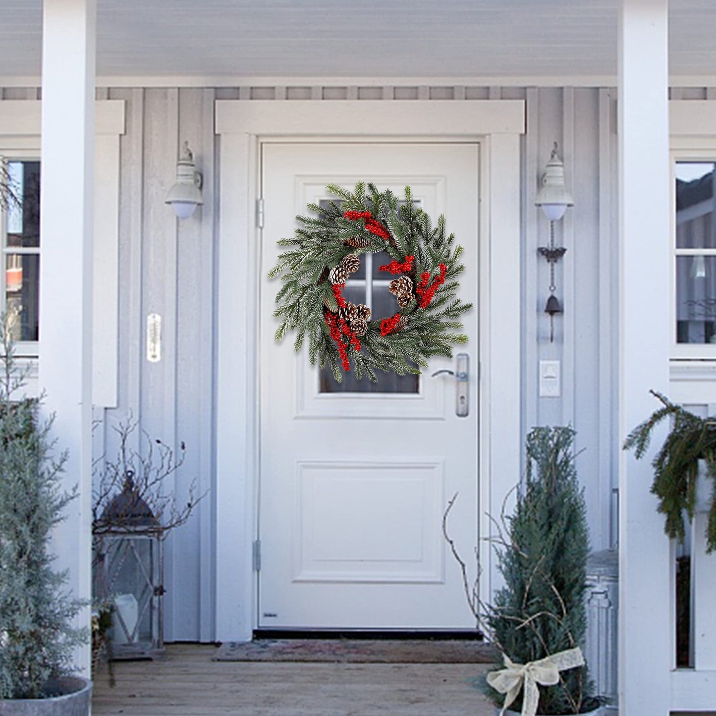 winemana 24 Inch Pre-Lit Christmas Wreath with Hanger, Timer, Pine Cone and Red Berries, Battery-Operated 20 LED Lighted Artificial Wreath Decoration for Front Door Mantel Xmas Party