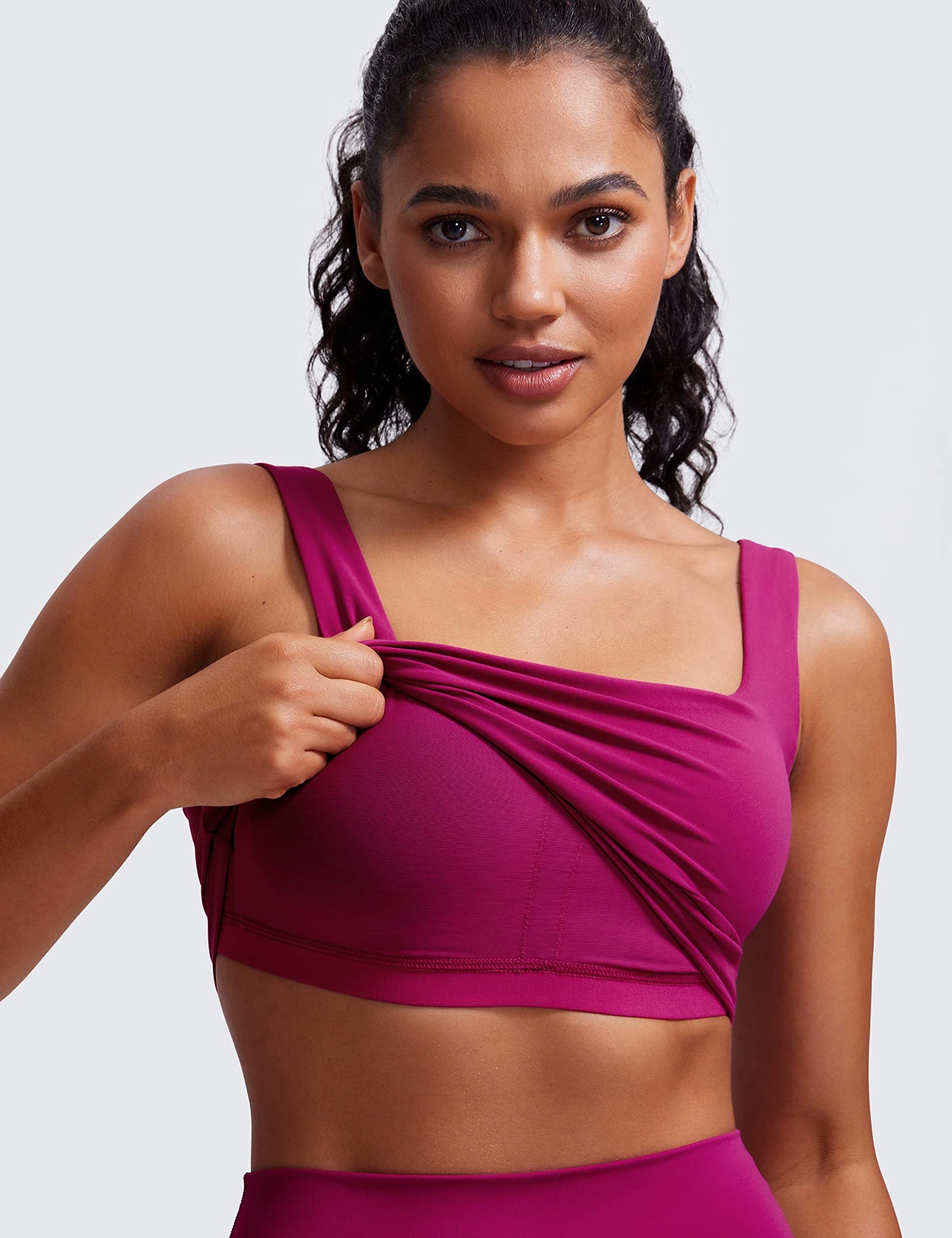 CRZ YOGA Butterluxe Womens Square Neck Longline Sports Bra - Workout Crop Tank Tops Padded with Built in Shelf Yoga Bra Magenta Purple X-Small