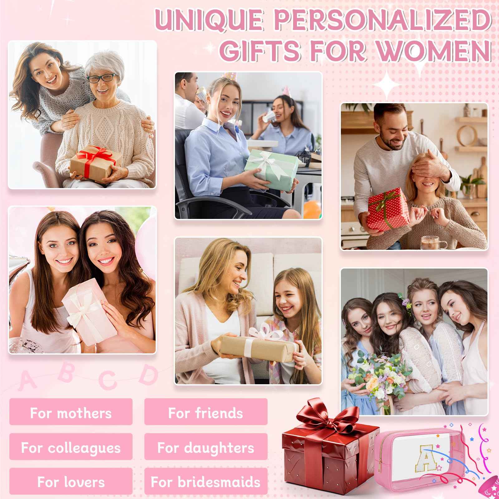 WELIDAY Personalized Initial Clear Makeup Bag, Travel Chenille Patch Cosmetic Bag, Preppy Toiletry Bag Monogram Cosmetic Pouch with Zipper, Ideal Gift for Teen Girls Women (Clear-Pink, A)