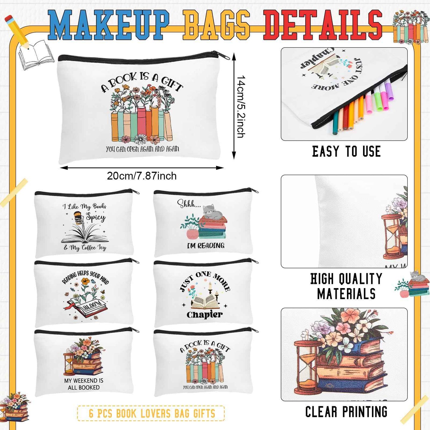 Paterr 12 Pcs Book Club Gifts Bulk Reading Canvas Tote Bag with Makeup Bag Book Lovers Gifts for Women - Reading Accessories, Librarian, Bookish, Readers, Author, Library Present