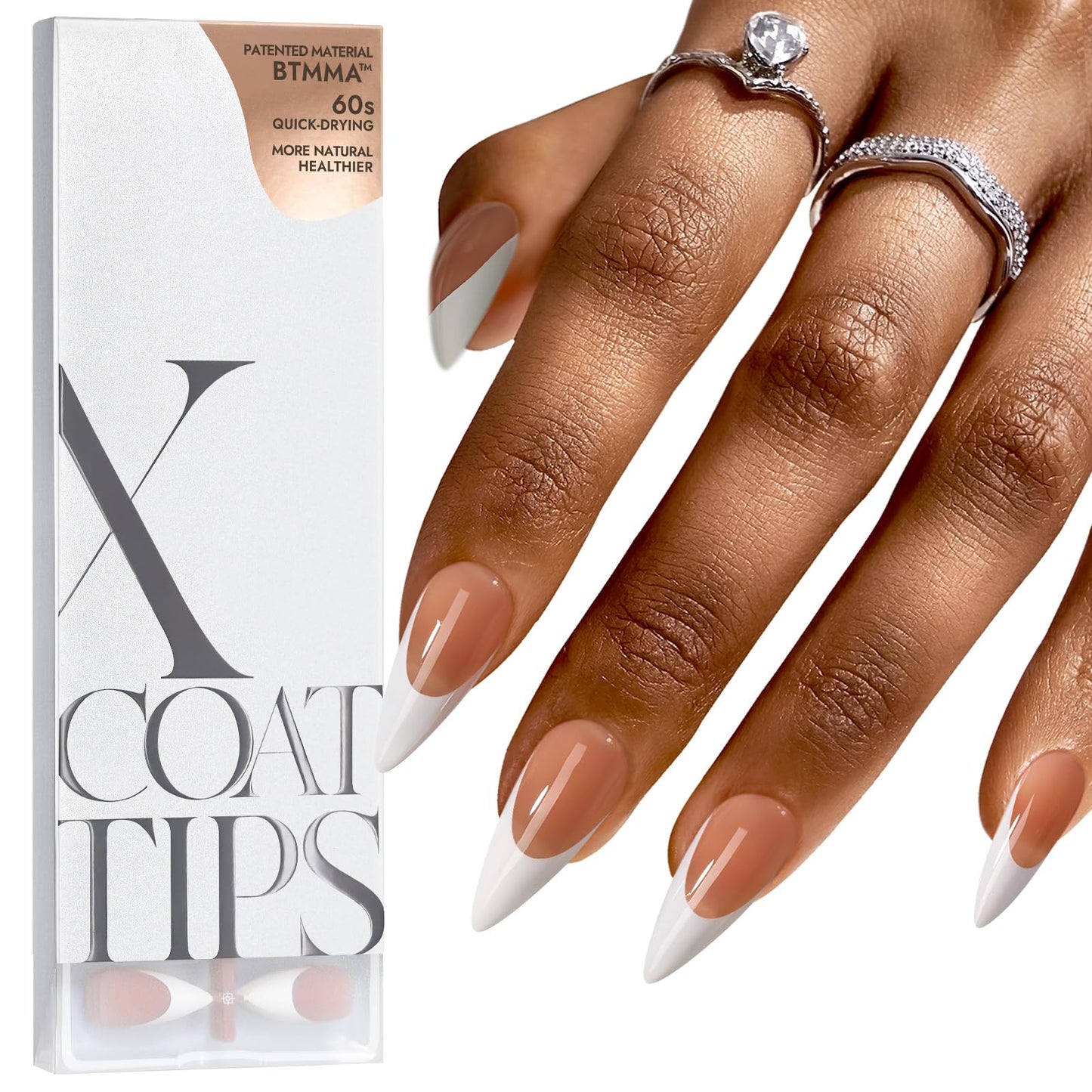 BTArtboxnails French Gel Nail Tips -French Tip Press on Nails Brown Long Stiletto XCOATTIPS Pre-applied Tip Primer & Base Coat, No Need to File Fake Nails for Nail Art DIY