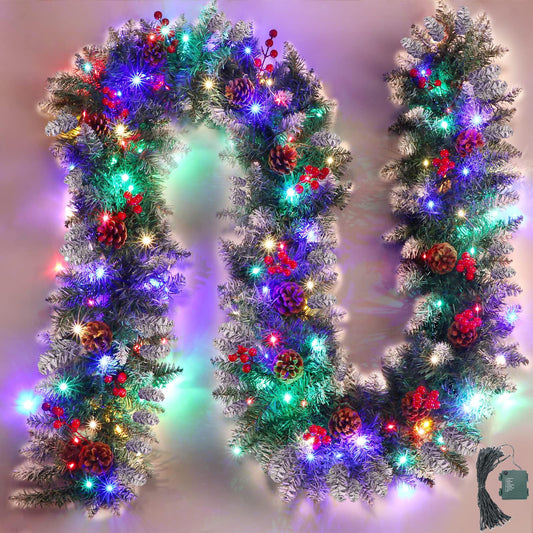 9Ft Snowflake Christmas Garland with 50 Colorful LED Lights by Batteries Operated Pre-lit Artificial Lighted Christmas Garland Decorations for Mantle Spray Snow Garland for Indoor Outdoor Decor