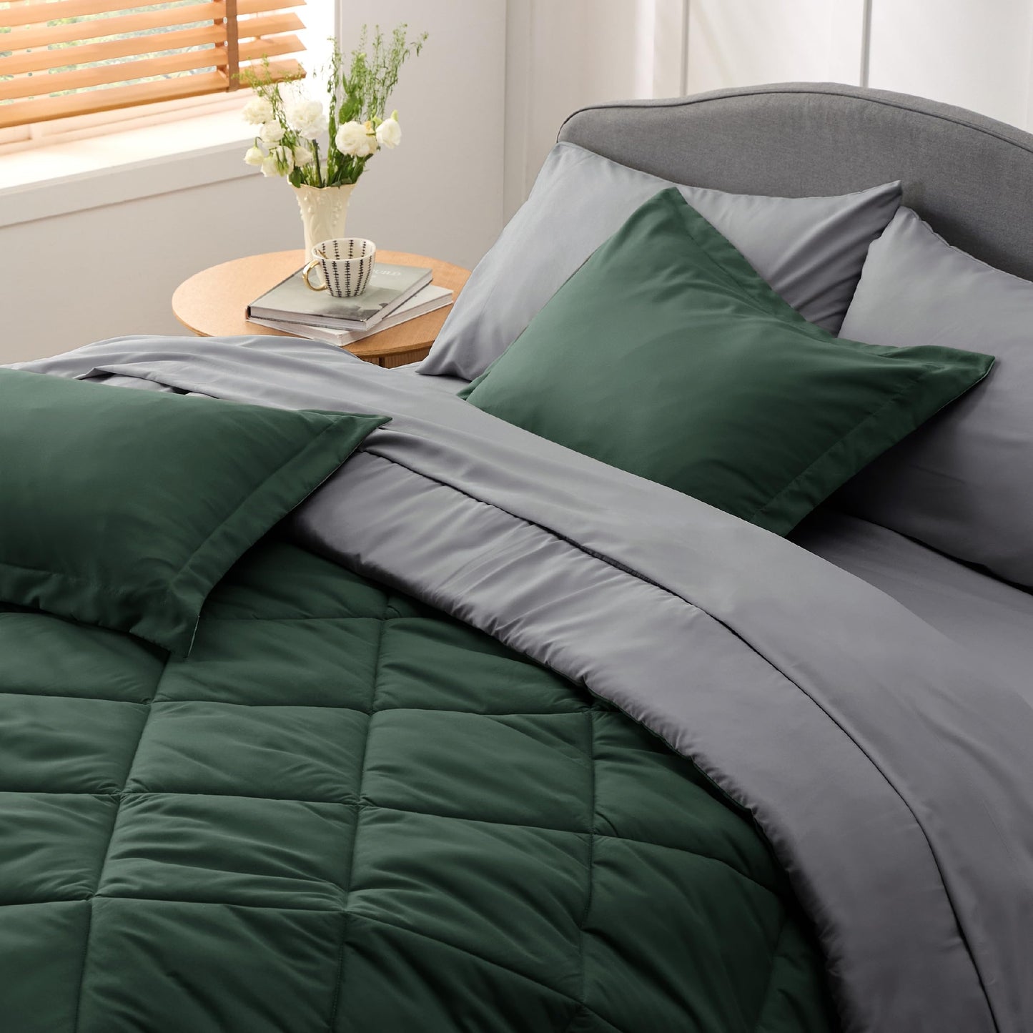 Bedsure Forest Green Twin Comforter Set - 5 Pieces Reversible Twin Bed in a Bag for College, Extra Long Twin Bed Set Forest Green and Grey with Comforters, Sheets, Pillowcase & Sham