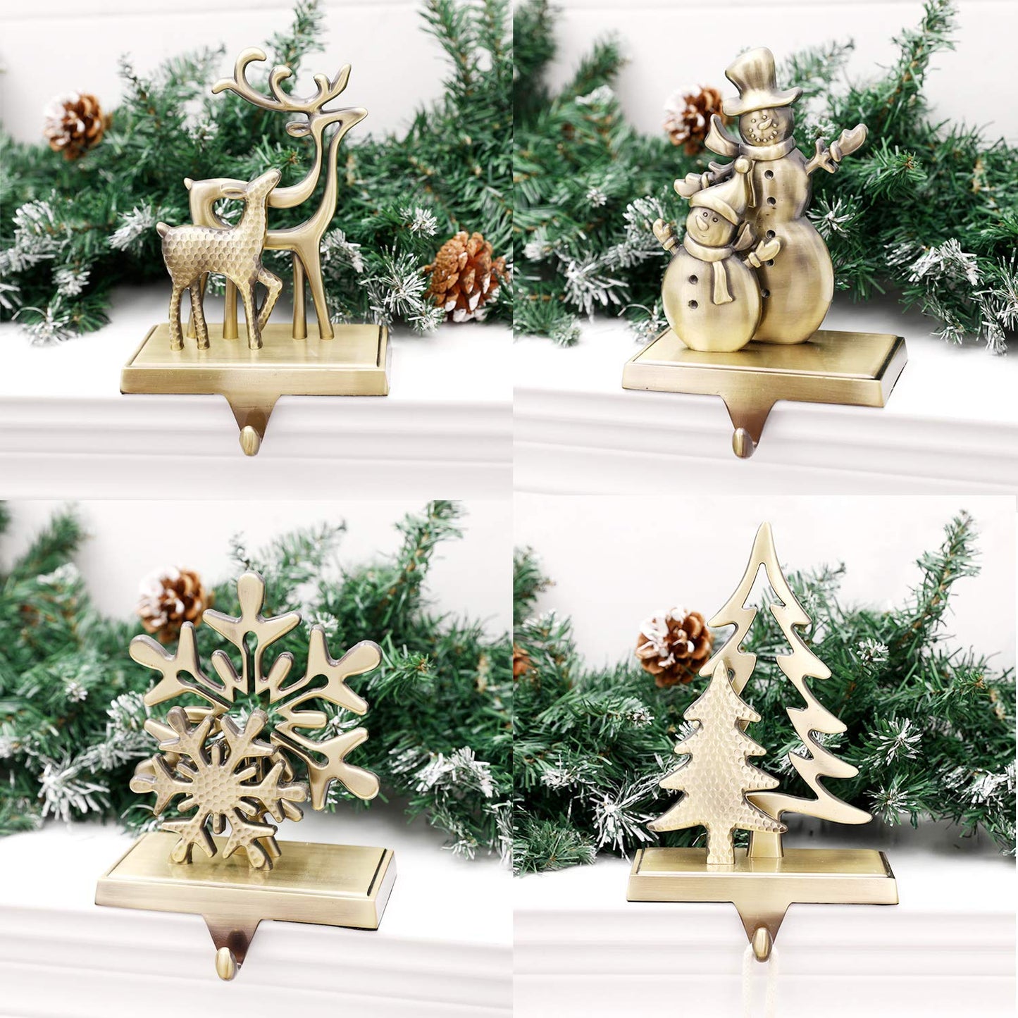 4Pcs Christmas Stocking Holders Double Mantle Anti-Slip Reindeer Christmas Tree Snowman Snowflake Deer Holders for Fireplace Xmas Decor (4, Bronze)