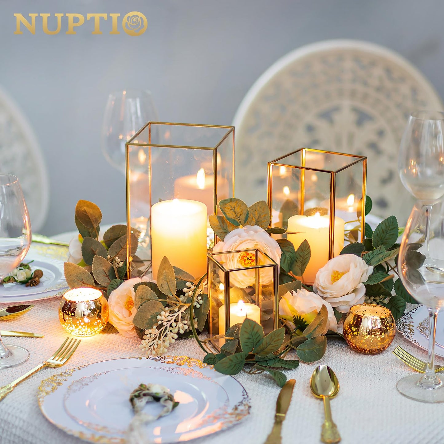 NUPTIO Hurricane Glass Candle Holders: 3Pcs Gold Lanterns Candle Holder for Pillar Candles Geometric Table Centerpiece for Outdoor & Indoor Wedding Christmas Holiday Party Decor 8.1 & 6.5 & 4.7 inch