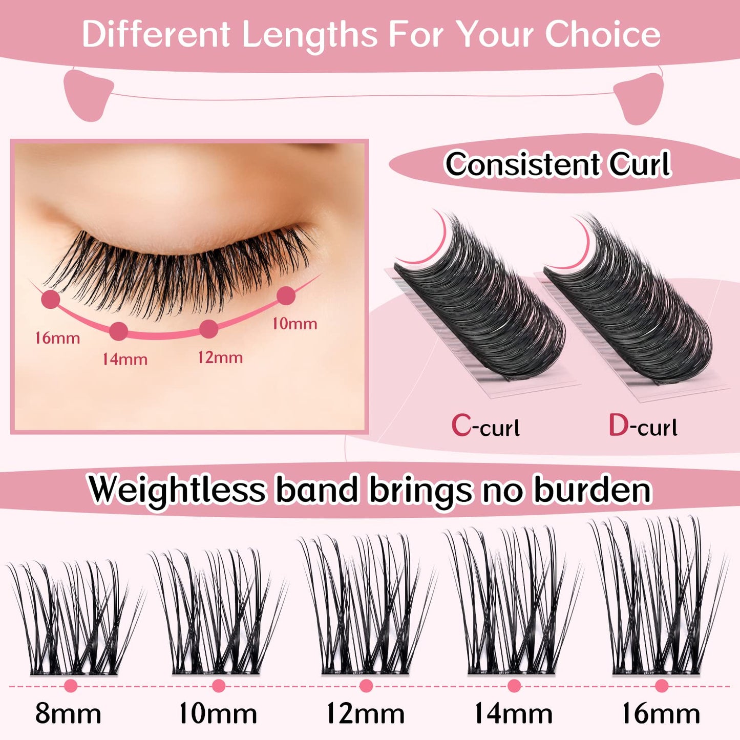 Cluster Lashes, 72 Pcs Individual Lashes, Lash Clusters DIY Eyelash Extension, Super Thin Band Reusable Soft & Comfortable (Passion-C-8-16mix)