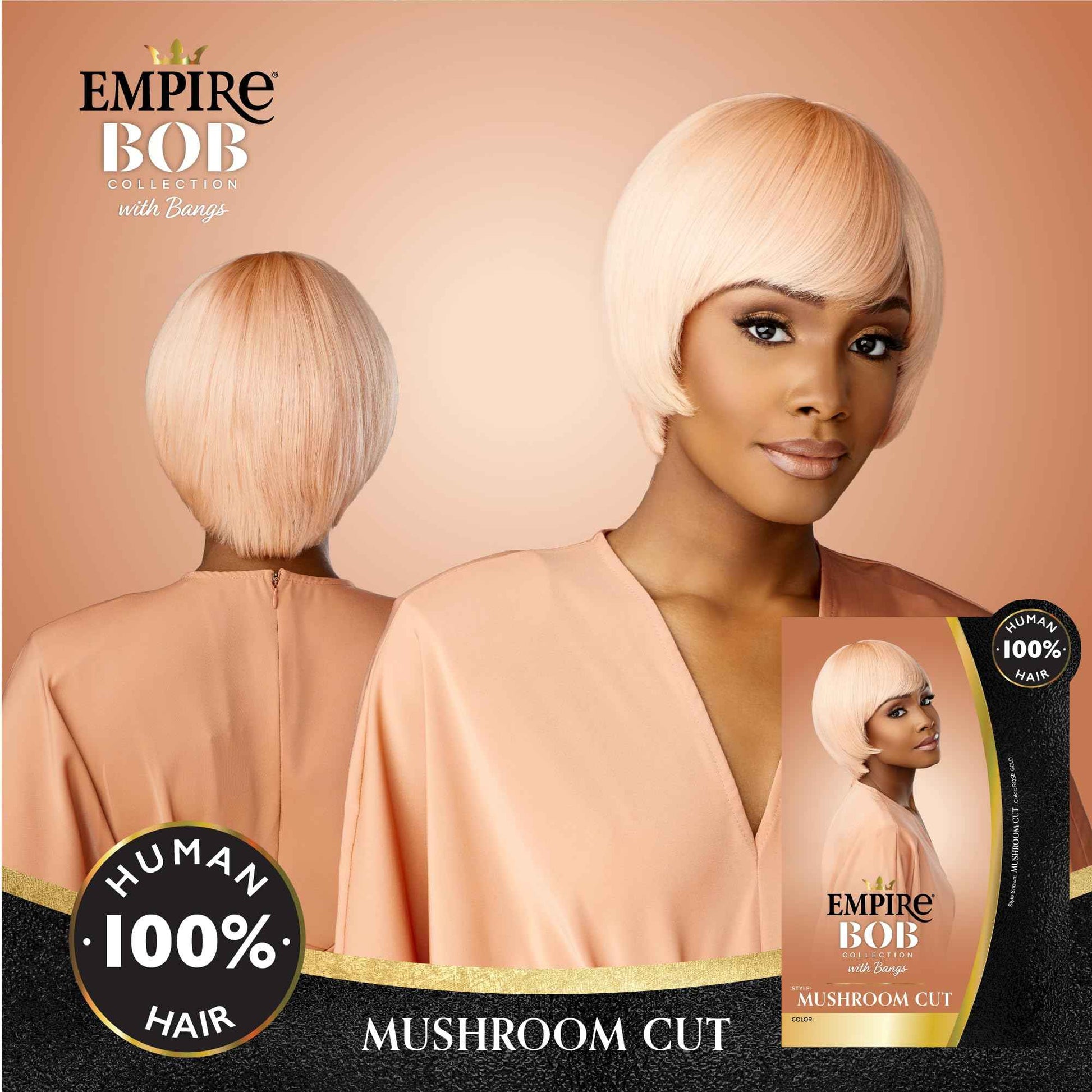 Sensationnel Empire Bob Humanhair Wig - Mushroom Cut Face Framing Mesh Cap for Comfort With Bangs (ROSEGOLD)