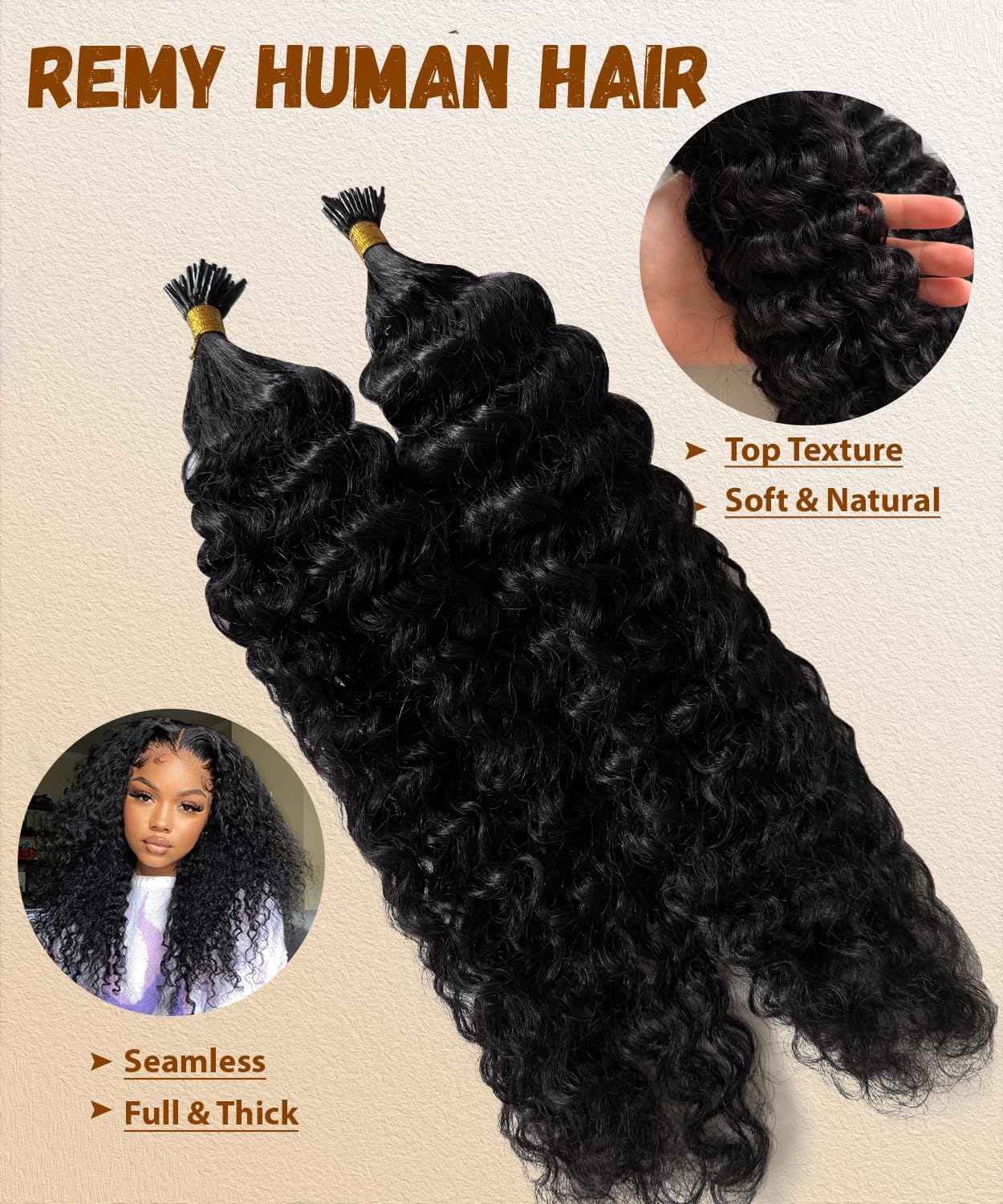 Curly I Tip Hair Extensions Human Hair Water Wave Cold Fusion Itip Flawless Microlinks Hair Extensions Invisible Blends Naturally Individual Strands for Black Women 50G 20Inch Black