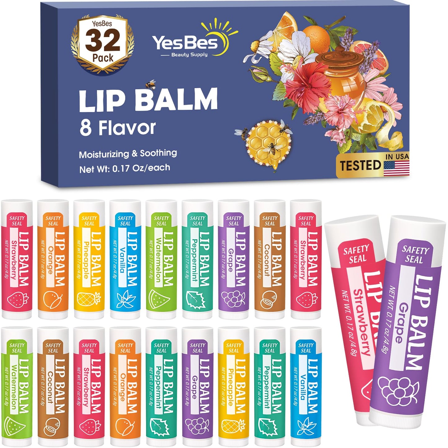 YesBes 32 Pack Lip Balm, Natural Lip Balm Bulk with Vitamin E and Coconut Oil, Moisturizing Lip Balm for Dry Cracked Lips, Lip Balm for Stocking Stuffers - 8 Flavors