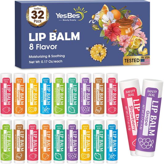 YesBes 32 Pack Lip Balm, Natural Lip Balm Bulk with Vitamin E and Coconut Oil, Moisturizing Lip Balm for Dry Cracked Lips, Lip Balm for Stocking Stuffers - 8 Flavors