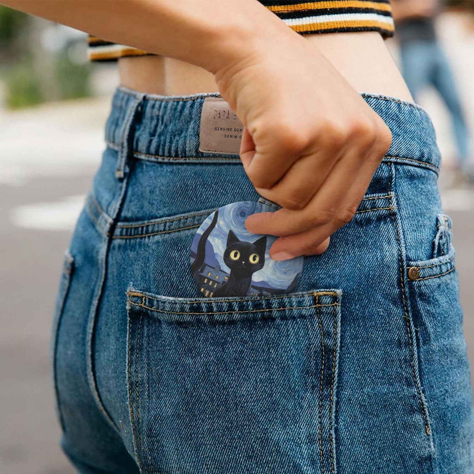 LOPIOIO Compact Pocket Mirror, 1X/2X Magnifying Round Mirror for Girls Women, Portable Pu Leather Makeup Mirror for Handbag, Purse, Travel - Starry Night Cat