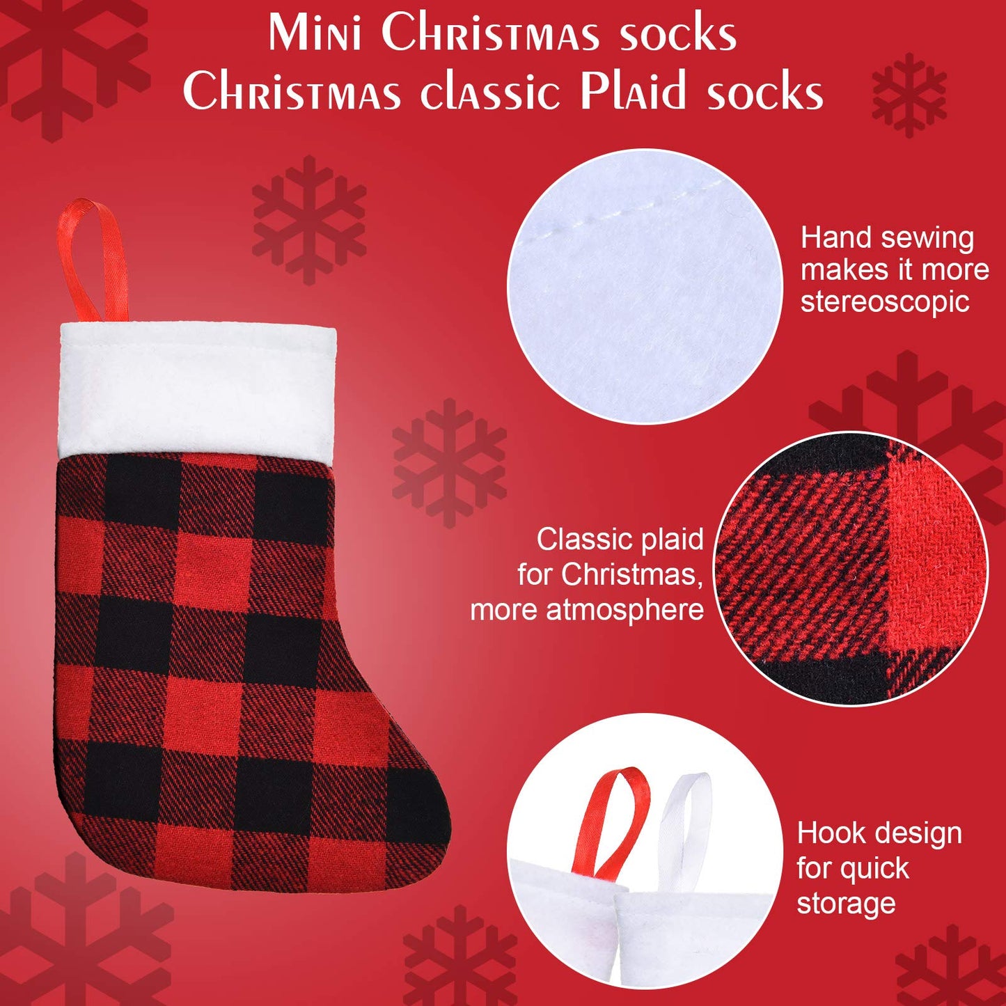 Skylety 24 Pcs Christmas Stockings in Bulk Plush Cuff Small Xmas Buffalo Plaid Stocking Rustic Fireplace Socks Traditional Stockings for Christmas Holiday Party Decor (Red Black, Black White,Plaid)