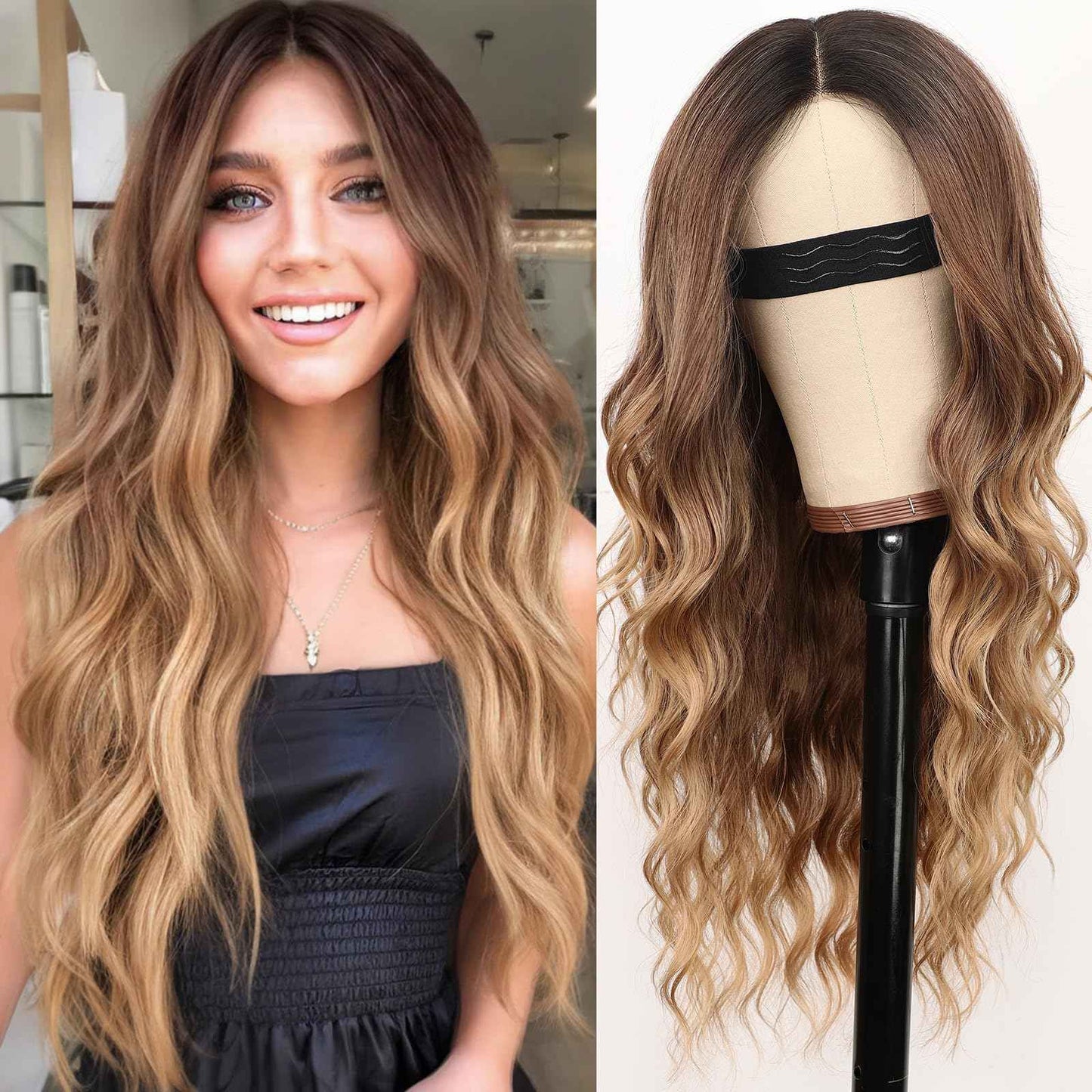 Nnzes Long Ombre Brown Gold Mixed Honey Blonde Wavy Wig 4x1 Lace Natural Hairline Middle Part Curly Heat-Resistant Synthetic Fiber for Women & Beginners Daily Party Use 26In