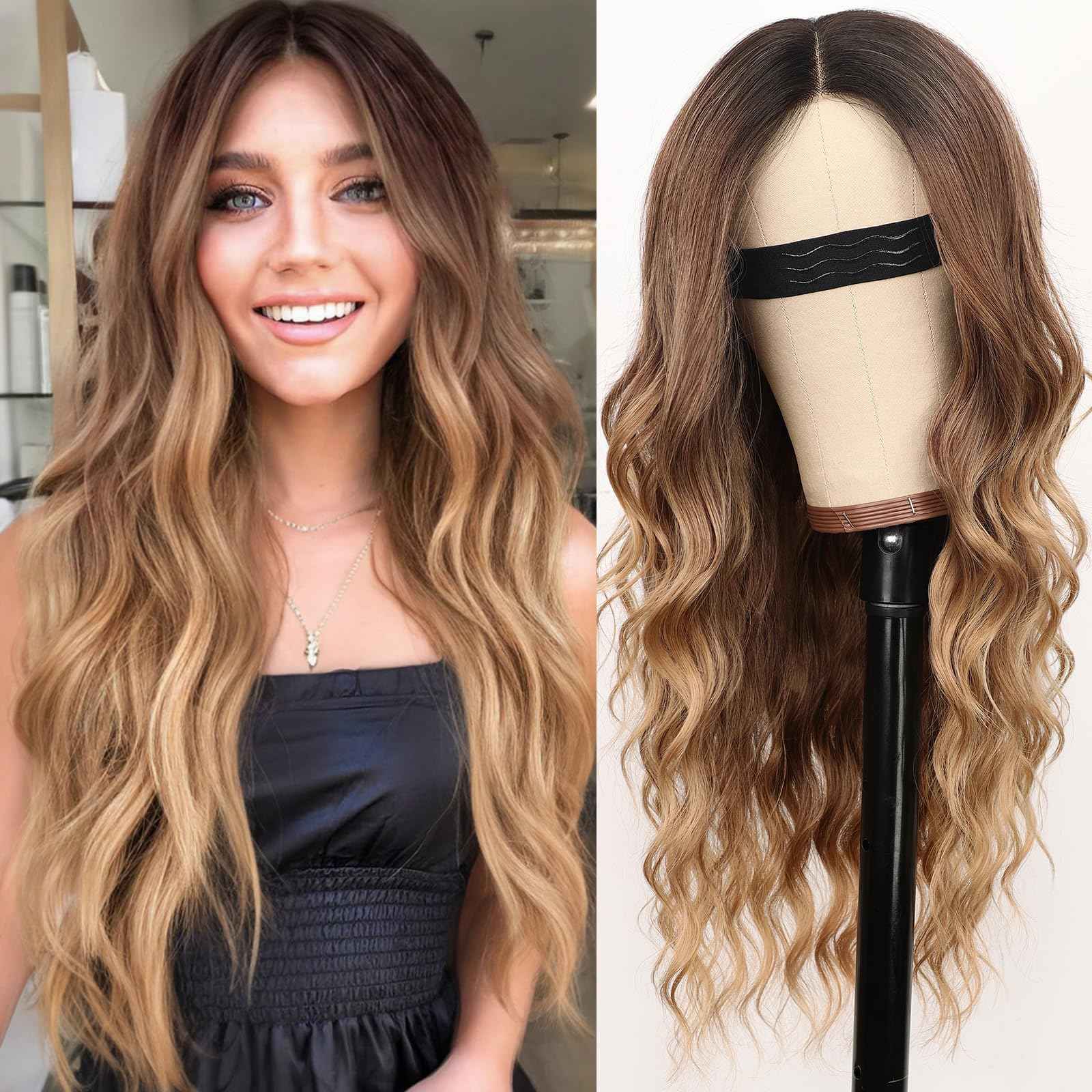 Nnzes Long Ombre Brown Gold Mixed Honey Blonde Wavy Wig 4x1 Lace Natural Hairline Middle Part Curly Heat-Resistant Synthetic Fiber for Women & Beginners Daily Party Use 26In