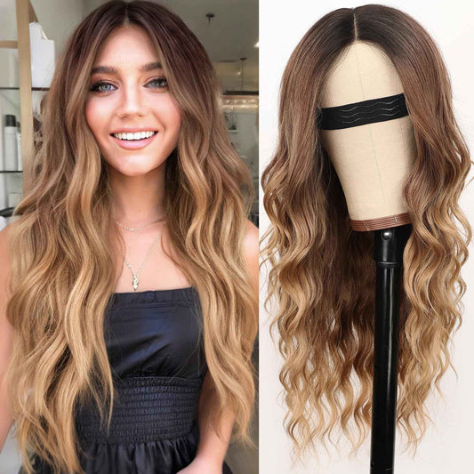 Nnzes Long Ombre Brown Gold Mixed Honey Blonde Wavy Wig 4x1 Lace Natural Hairline Middle Part Curly Heat-Resistant Synthetic Fiber for Women & Beginners Daily Party Use 26In