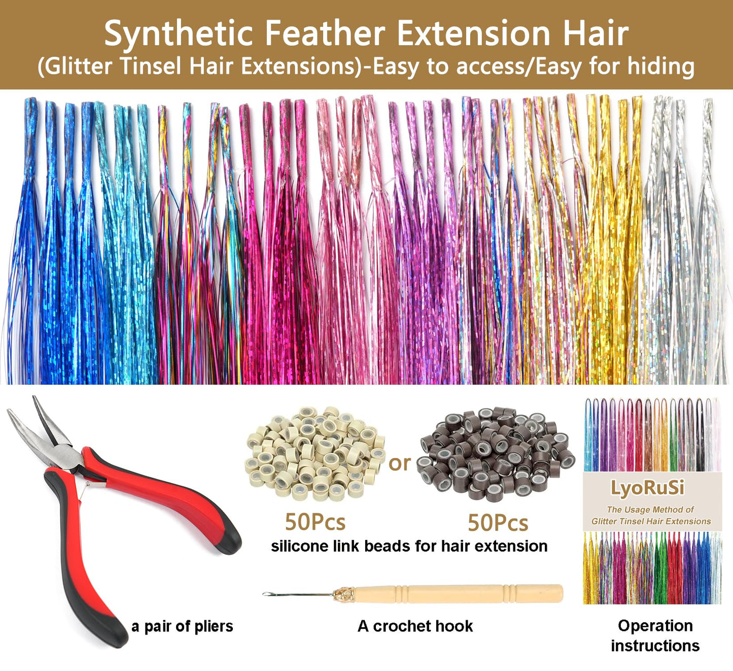 LyoRuSi 24 Inches Hair Tinsel Extensions Kit (Synthetic Feather Hair Extensions) With Kit Tools (16 Pcs/4 Colors) Glitter Tinsel Hair Extensions