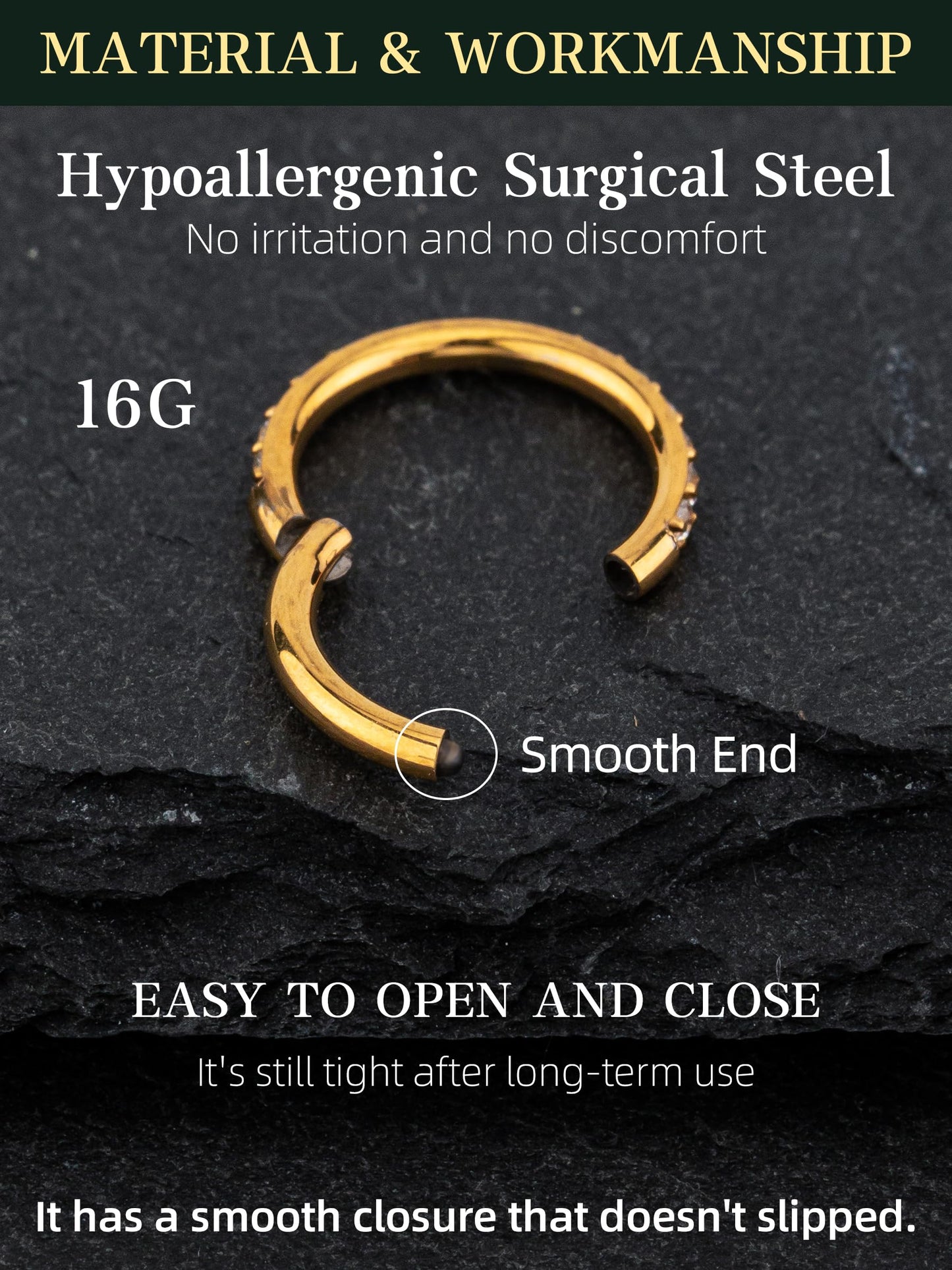 HANCAO Hypoallergenic 14K Gold Plated Nose Rings Hoops - 16G Surgical Steel Cartilage Earrings Septum Jewelry Hinged Segment Ring CZ Paved Lip Conch Rook Helix Lobe Body Piercing 10MM