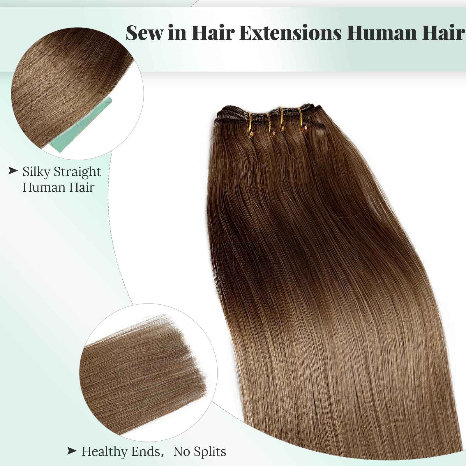 Weft Hair Extensions Human Hair Ash Brown Sew in Extensions Hand Tied Double Weft 12 Inch Thick Ash Brown Hair Weave Bundles Straight Sew in Real Human Hair Weft Extensions for Women