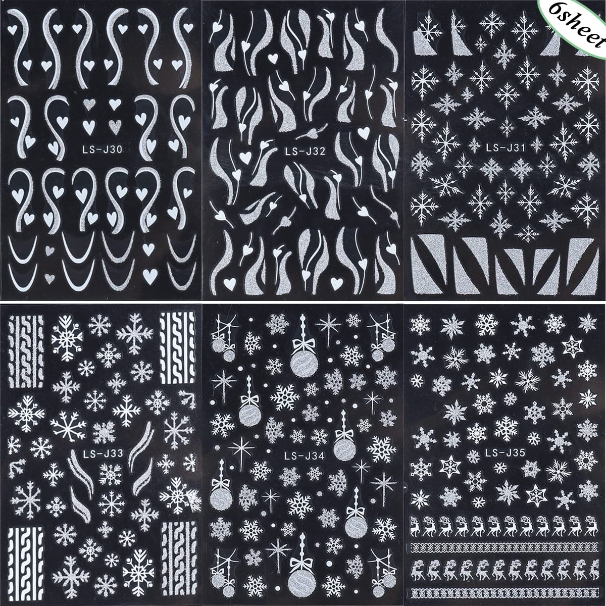 6 Sheets Snowflakes Nail Art Stickers Self-Adhesive Winter Nail Art Supplies Christmas Nail Stickers Glitter Snowflake French Stripe Design 3D White Gold Nail Decals for Women Xmas Nail Decor Charms