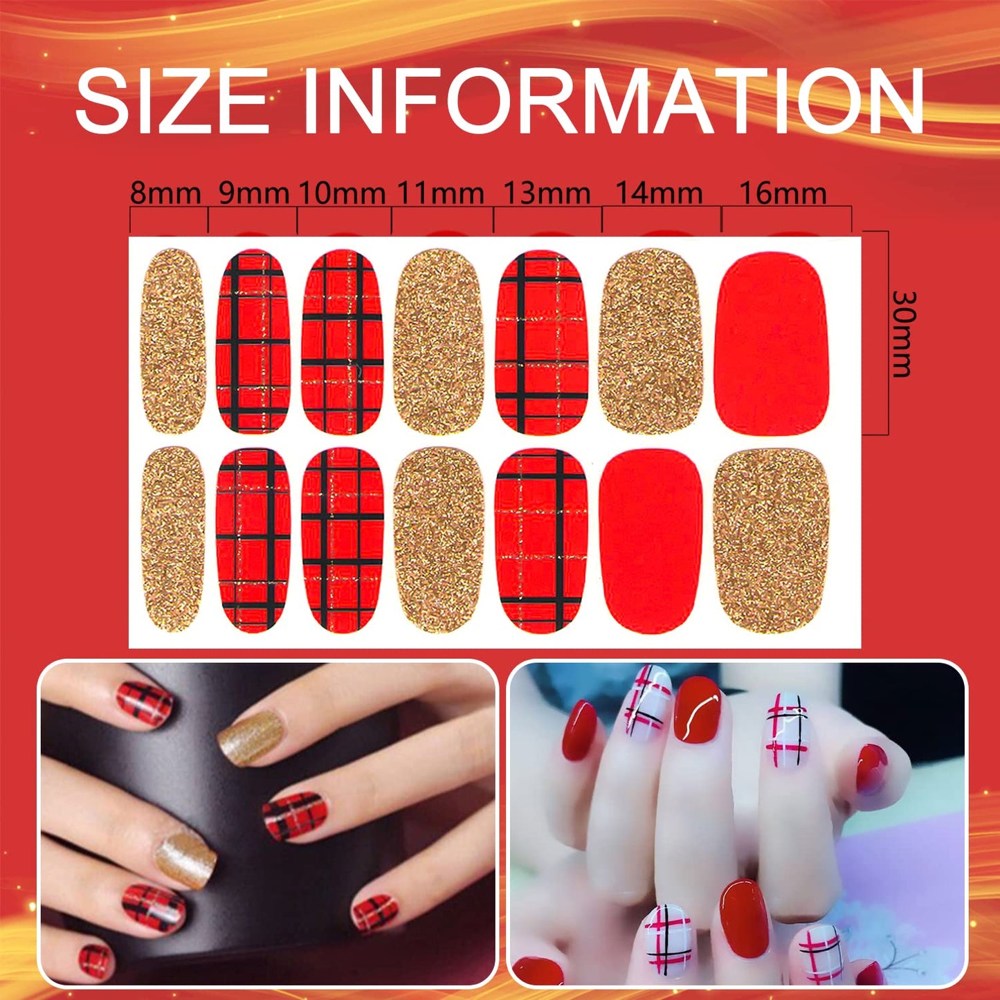 SILPECWEE 16 Sheets Red Plaid Nail Polish Strips for Women Nail Stickers Full Nail Wraps Self Adhesive Nail Sticker Polish Gel Nail Strips Stick on Nails with 1pc Nail File