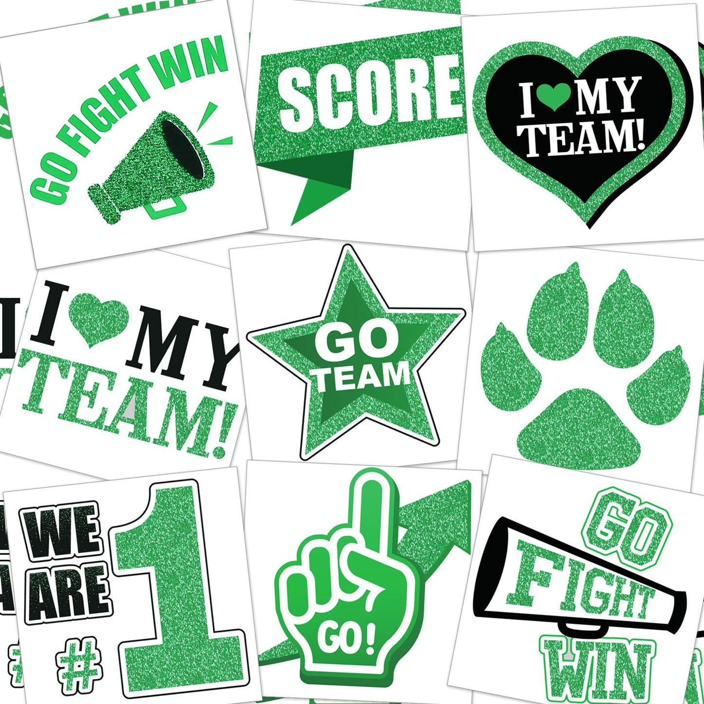 Colarr 180 Pcs Team Spirit Temporary Tattoo 2", 1.5" Face Body Paw Go Team Cheer Tattoo Removable Glitter School Spirit Stickers for Classroom Cheerleading Teams Carnival Sports Games (Green)