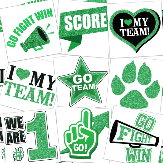 Colarr 180 Pcs Team Spirit Temporary Tattoo 2", 1.5" Face Body Paw Go Team Cheer Tattoo Removable Glitter School Spirit Stickers for Classroom Cheerleading Teams Carnival Sports Games (Green)