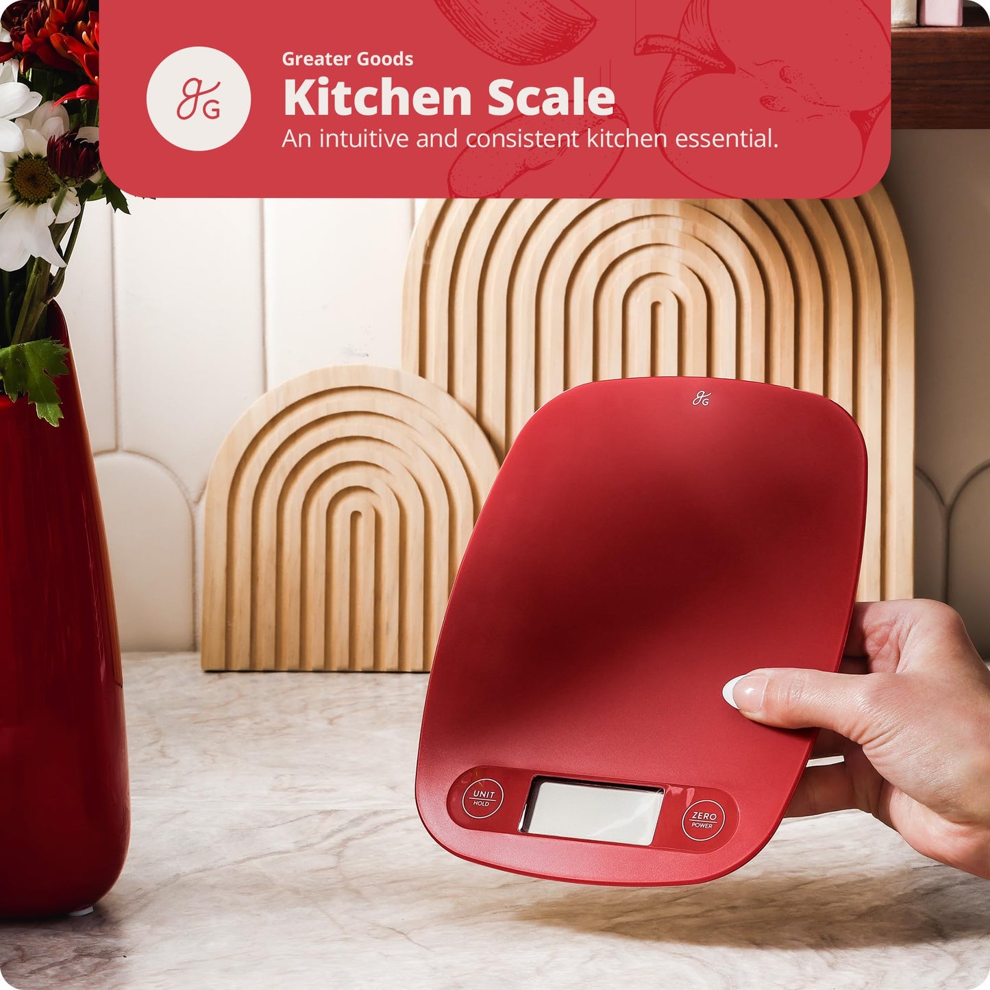 Greater Goods Digital Food Kitchen Scale (Cherry Red), Portion Helps Support The Charity Love146