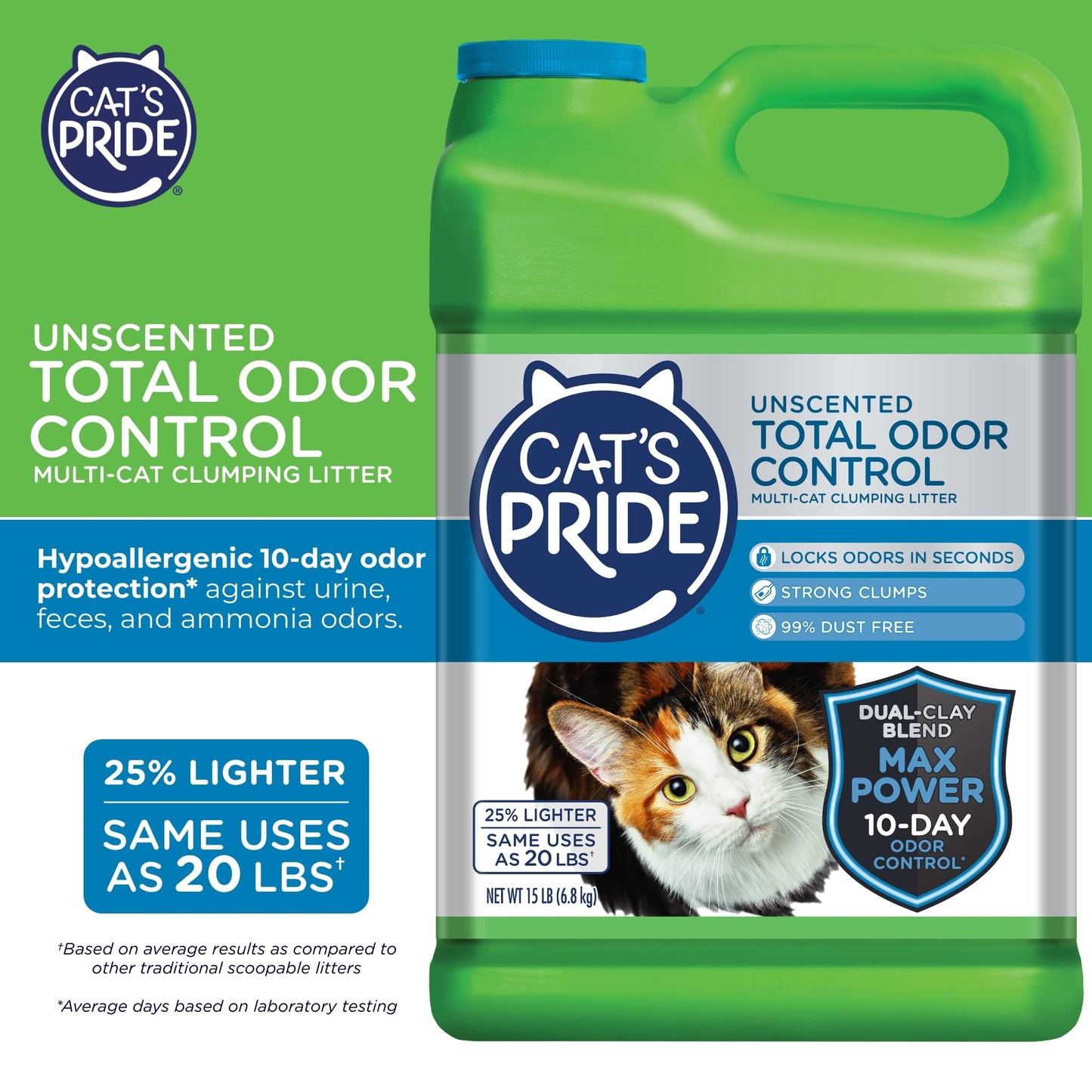 Cat's Pride Max Power: Total Odor Control - Up to 10 Days of Powerful Odor Control - Strong Clumping - Hypoallergenic - 99% Dust Free - Multi-Cat Litter, Unscented, 15 Pounds (Pack of 2)