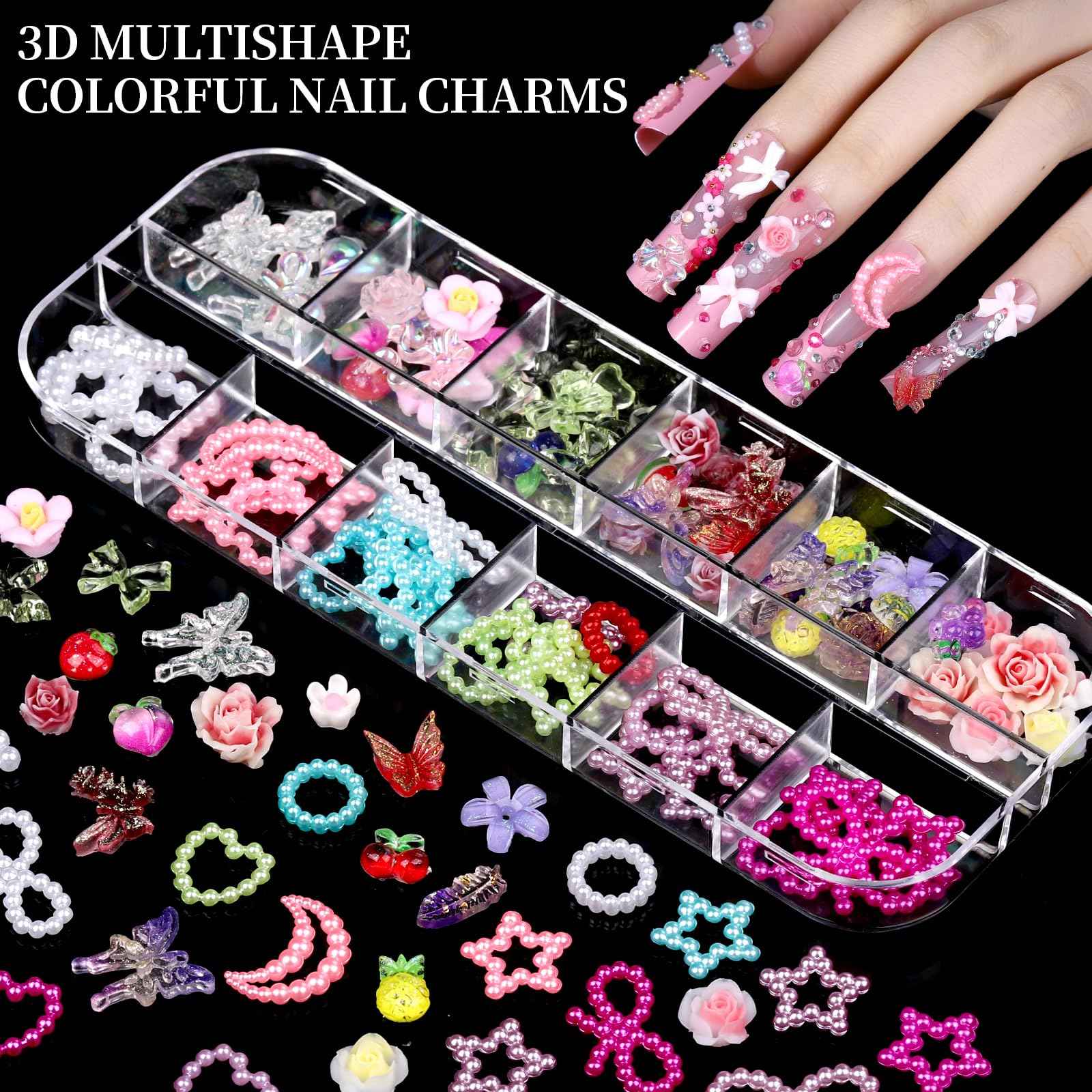 FANDAMEI Nail Charms, 8-Box Nail Charms and Gems, Fruit Bow Hawaii Flowers Petals 3D Nail Art Charms Bulk, Charms Y2K for Nails, Colorful Bubble Beads Nail Rhinestones, Gold Studs Nail Pearls for DIY