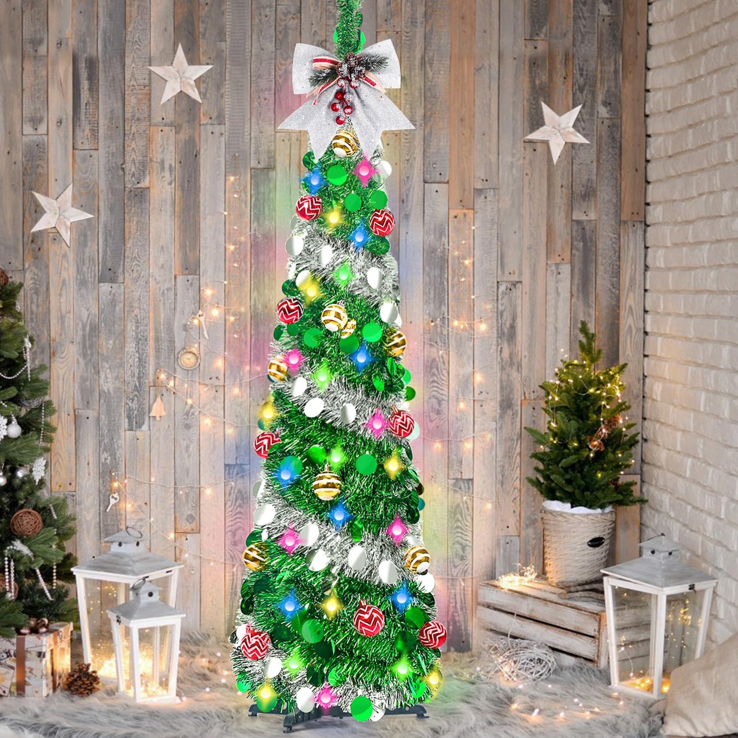 RACPNEL 5Ft Pop Up Tinsel Christmas Tree with Lights, Decorations, Sequins, Collapsible Pencil Christmas Tree Artificial, Holiday Indoor Christmas Decoration for Home, Office, Apartment Xmas Decor