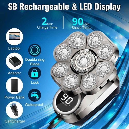 9D Head Shavers for Bald Men, Electric Shaver for Men,6 in 1 Mens Grooming Kit with Nose Hair Trimmer, Beard Trimmer,Waterproof Wet/Dry Rotary Shaver,Gift for Father, Husband, Boyfriend