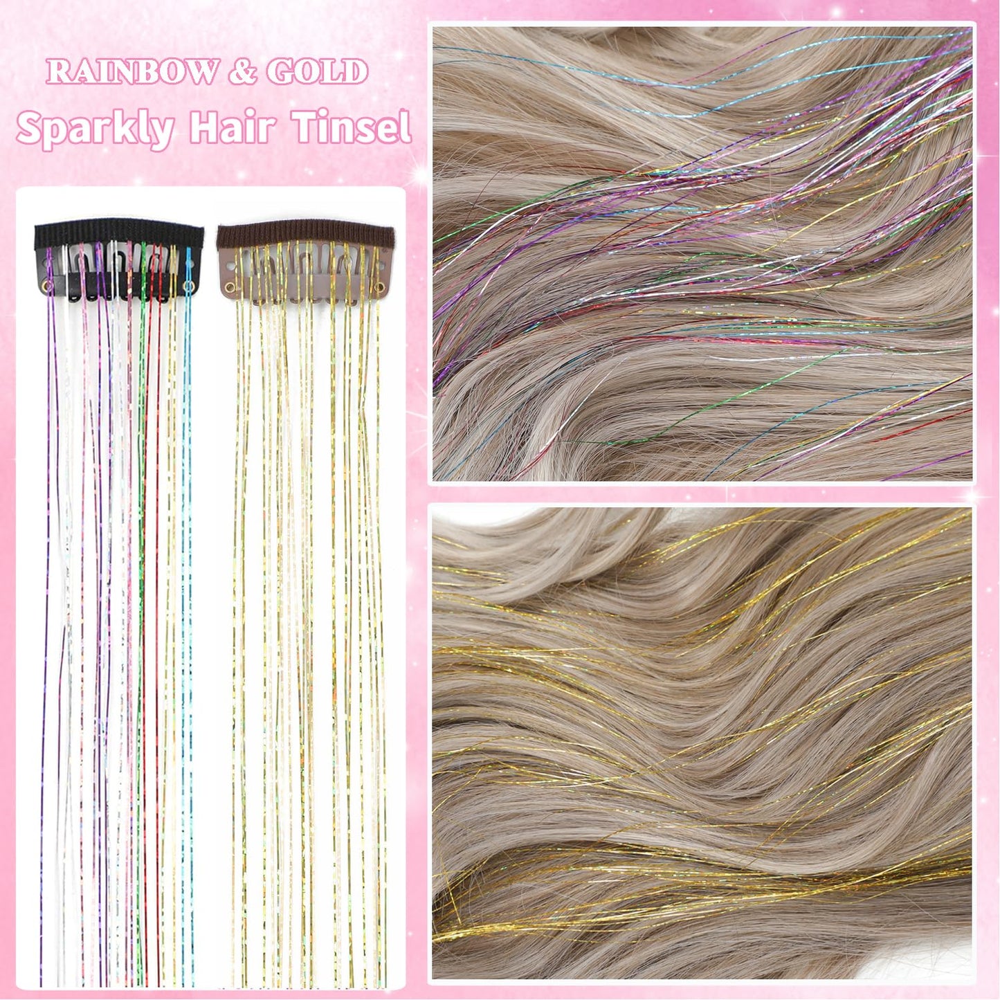 Ainani 12Pcs Hair Tinsel Clip in 20Inch Fairy Hair Clip in Hair Tinsel Glitter Tinsel Hair Extensions Heat Resistant Shinny Sparkly Hair Accessories for Girls Women Kids (Gold 6Pcs & Colorful 6Pcs)