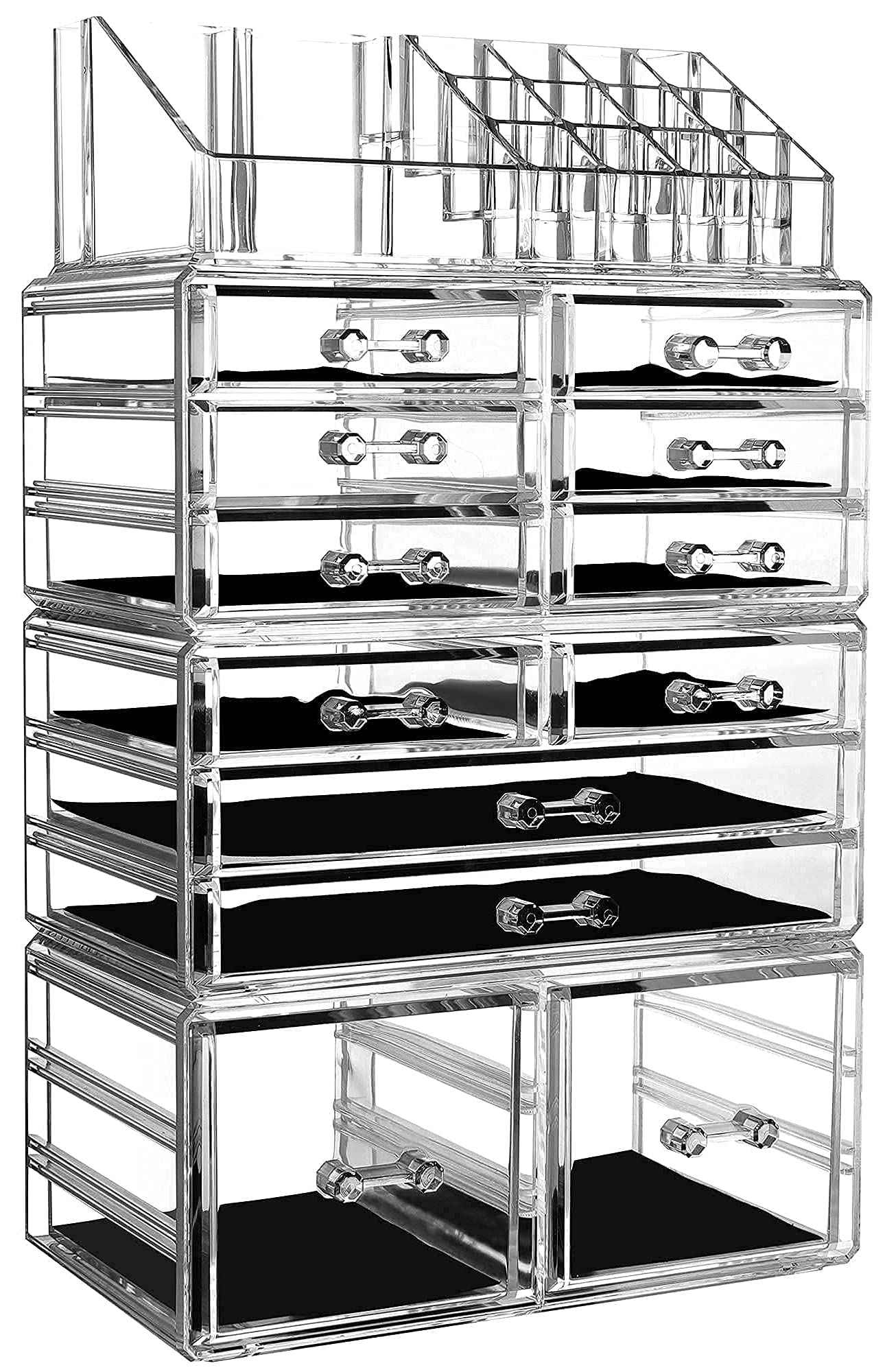 Cq acrylic 4 Pack Clear Makeup Organizer Countertop,Stackable 12 Drawers Skincare Organizer,Cute Skin Care Organizer for Vanity Hair Clip,Jewelry,Beauty Product Desk and Make Up Organizers for Vanity