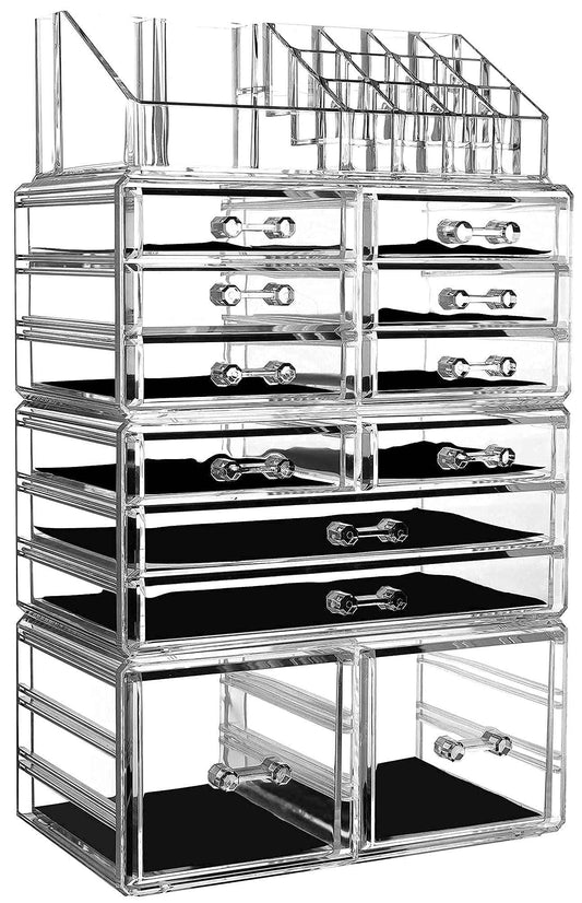 Cq acrylic 4 Pack Clear Makeup Organizer Countertop,Stackable 12 Drawers Skincare Organizer,Cute Skin Care Organizer for Vanity Hair Clip,Jewelry,Beauty Product Desk and Make Up Organizers for Vanity