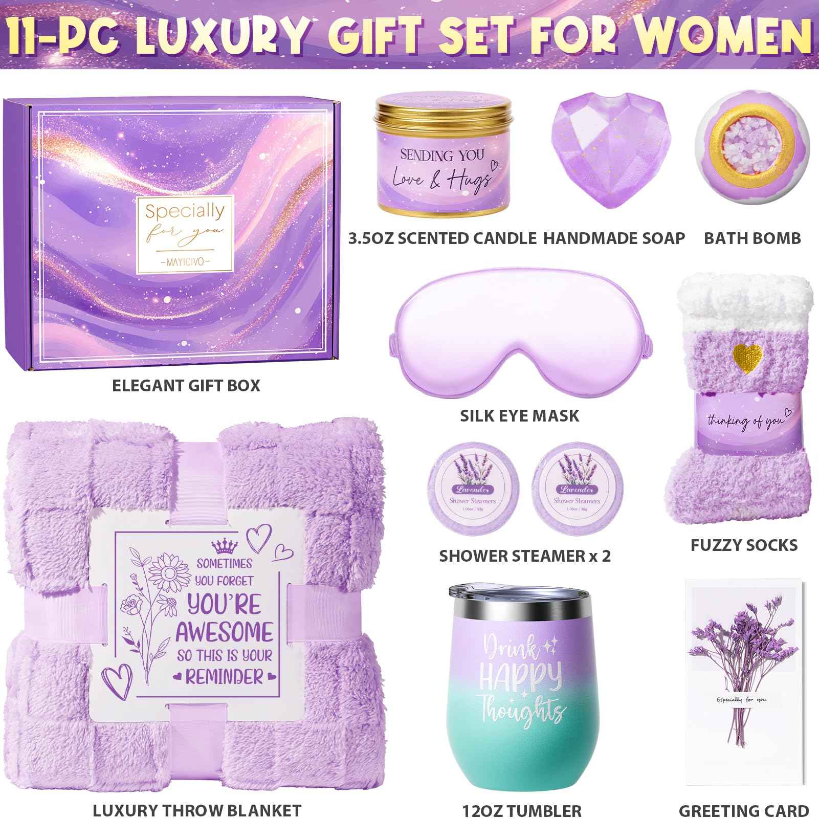 Christmas Birthday Gifts for Women, Self Care Get Well Soon Gift Baskets for Women, Lavender Relaxing Spa Gift Care Package w/ Blanket, Unique Gifts Idea for Mom Her Wife Girlfriend Best Friend Sister