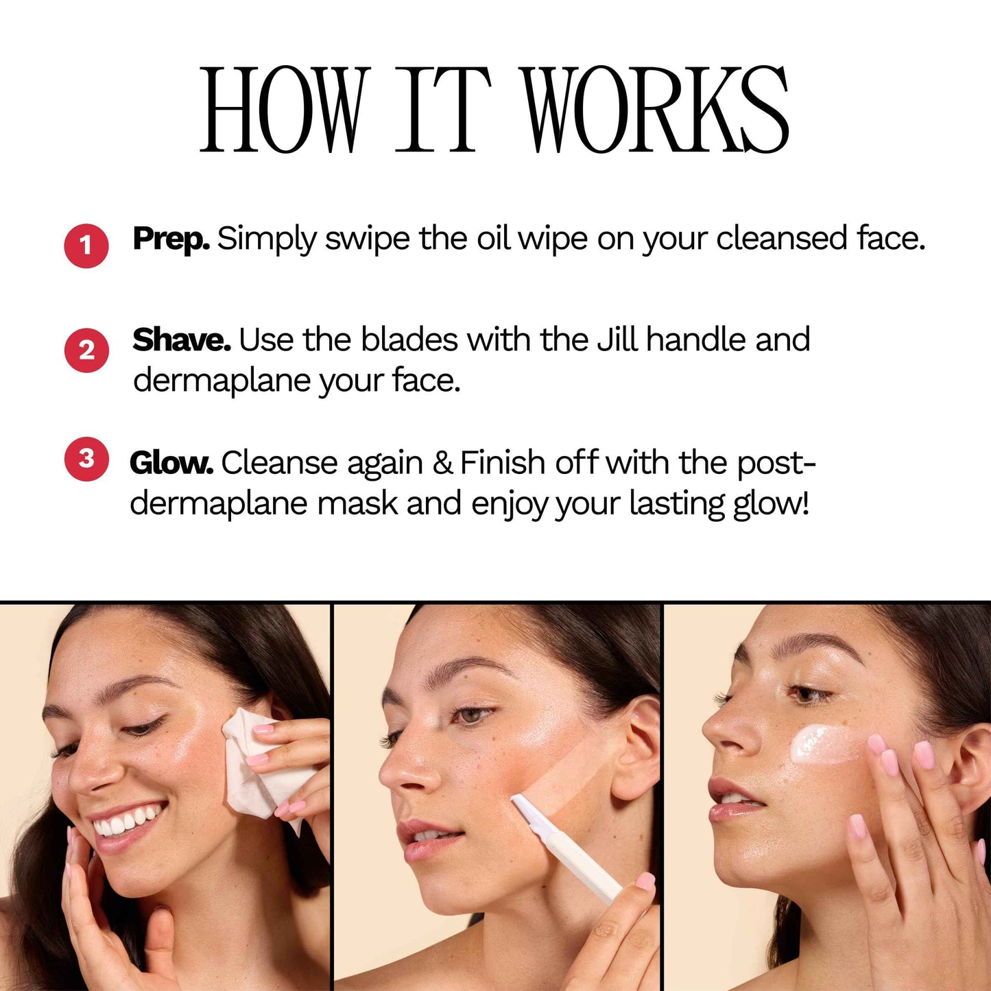 Jill Dermaplane Starter Kit for Women in Rose – Facial Razor & Exfoliating Blade Set with Pre-Shave Magic Wipe, Gentle Skin Cleanser, Glow Moisturizer & 2 Disposable Dermaplane Blades