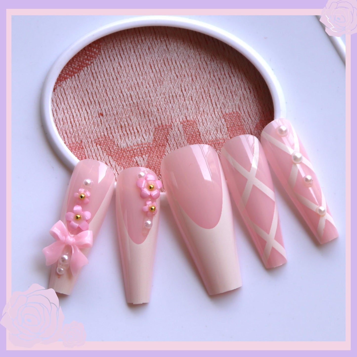 Pink Press on Nails Kit Floral Pearl French Tip Nails Press Ons Medium Long Charms Gems Fake Nails Artificial Coffin Gel Like Glossy 3D Flower Bowknot Net False Nail Manicure for Women and Girls-24pcs