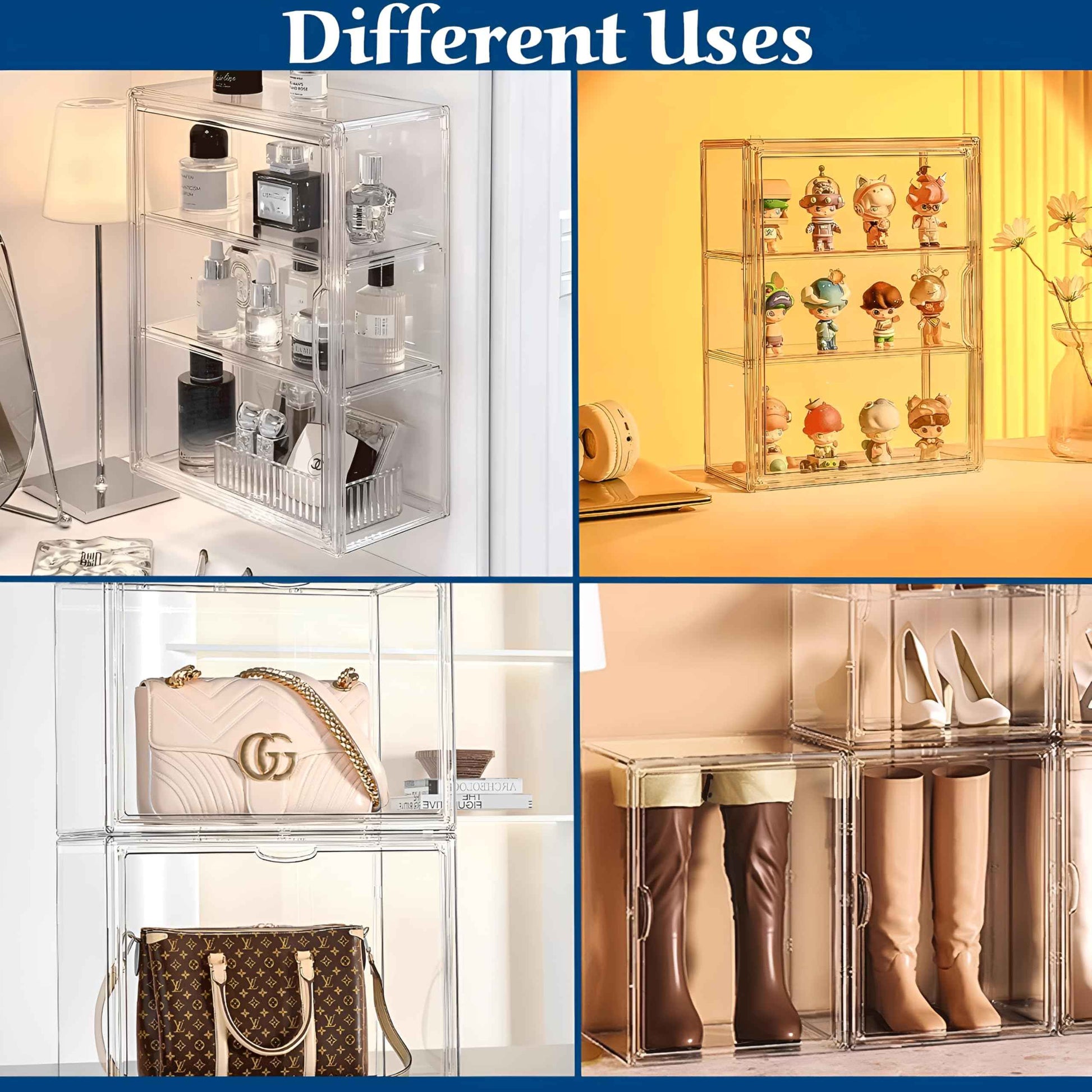 OFRIN 2 Pack Acrylic Display Case with Cleaning Cloth, Magnetic Door & 4 Adjustable Dividers, 3 Tier Display Cases, Stackable Clear Organizers, Acrylic Box, Display Cases