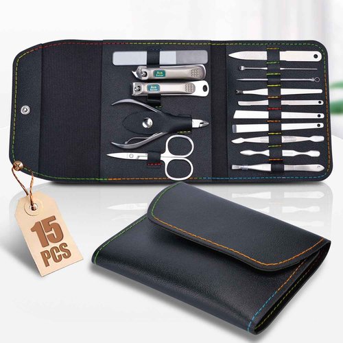 AUSBANNER Germany Professional Nail Clipper Set Fingernail and Toenail Clippers, Manicure and Pedicure Set - 15 Piece Stainless Steel Grooming Set, Nail Care Tools with Deluxe Travel Case