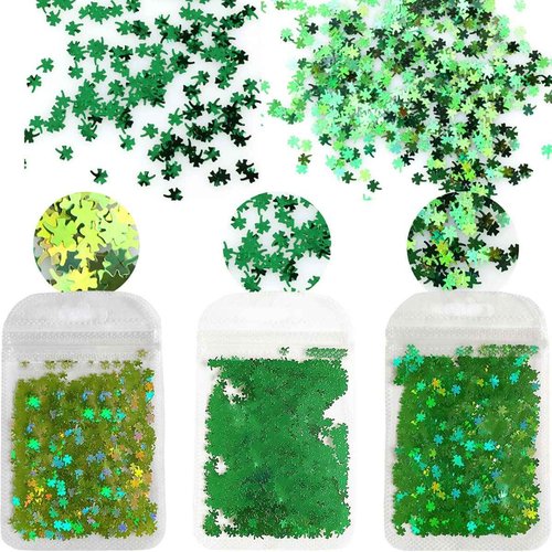 3 Bags St. Patrick's Day Nail Glitter Sequins Shamrock Nail Stickers Decals Holographic Laser Green Clover Nail Glitter Flakes Irish Nail Decals Charms Shamrock Glitter for Nail Art Decoration