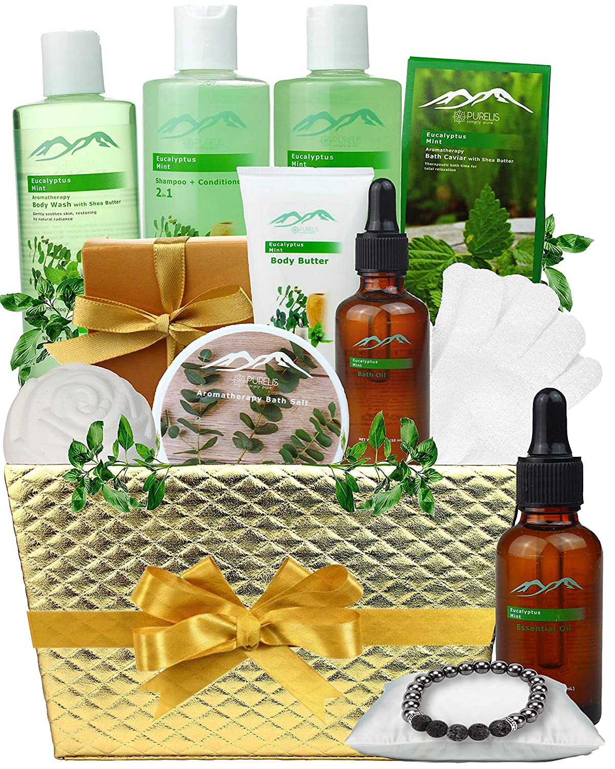 Bed Bath Body Gift Set Eucalyptus Mint Aromatherapy Spa Baskets for Men & Women. Bath & Body Spa Gift Baskets for Relaxation! Best Dads Gift Baskets for Fathers, Husband, Friends!