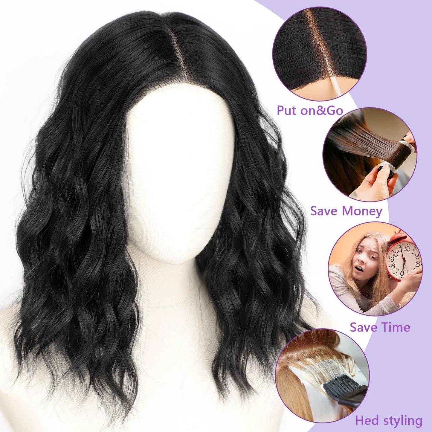 AISI HAIR 14 Inch Natural Black Wigs for Women - Shoulder Length Wave Wig with Pre-Cut Lace Hairline, Middle Part Natural Wavy Bob Synthetic Heat Resistant Fiber for Daily and Party