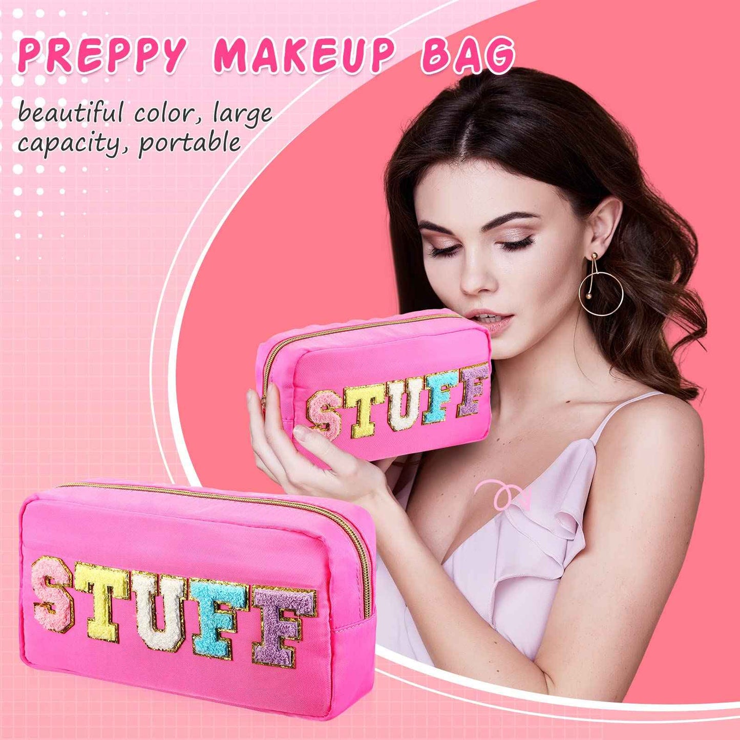 Hillban 4 Pack Chenille Letter Bag Makeup Bag Preppy Skincare Bag Nylon Cosmetic Pouch Zipper Waterproof Organizer Makeup Travel Bag Set for Teen Girls Women Travel Toiletry