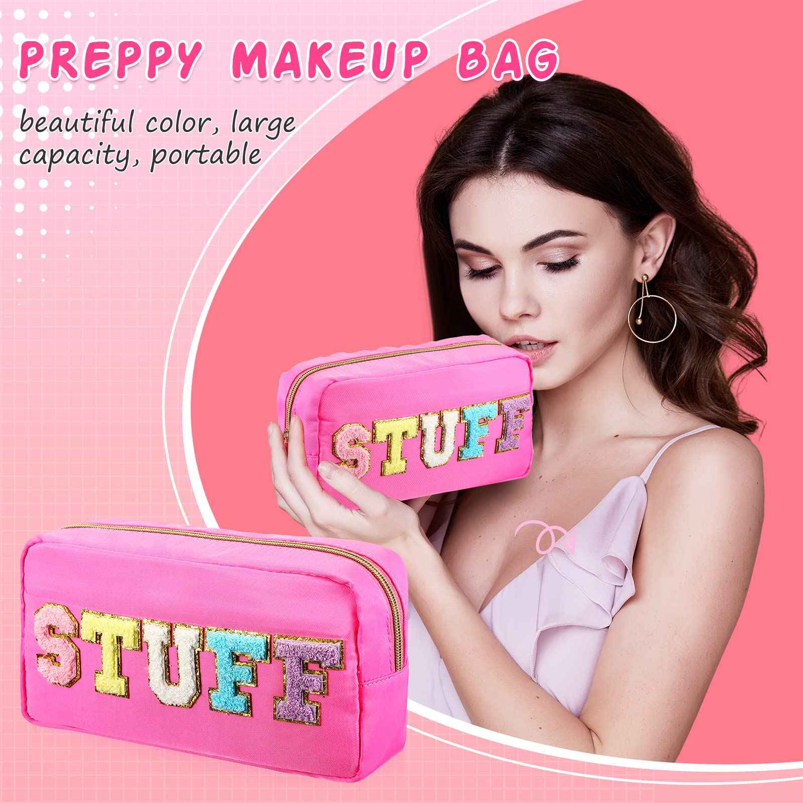 Hillban 4 Pack Chenille Letter Bag Makeup Bag Preppy Skincare Bag Nylon Cosmetic Pouch Zipper Waterproof Organizer Makeup Travel Bag Set for Teen Girls Women Travel Toiletry