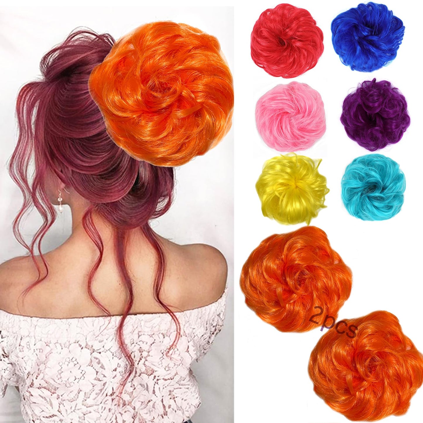 Kediciz Messy Bun Hair Piece, 2PCS Fake Hair Buns Scrunchies Extensions Synthetic Thick Updo Hairpieces Curly Wavy Chignon Ponytail for Women Girls Kids Orange