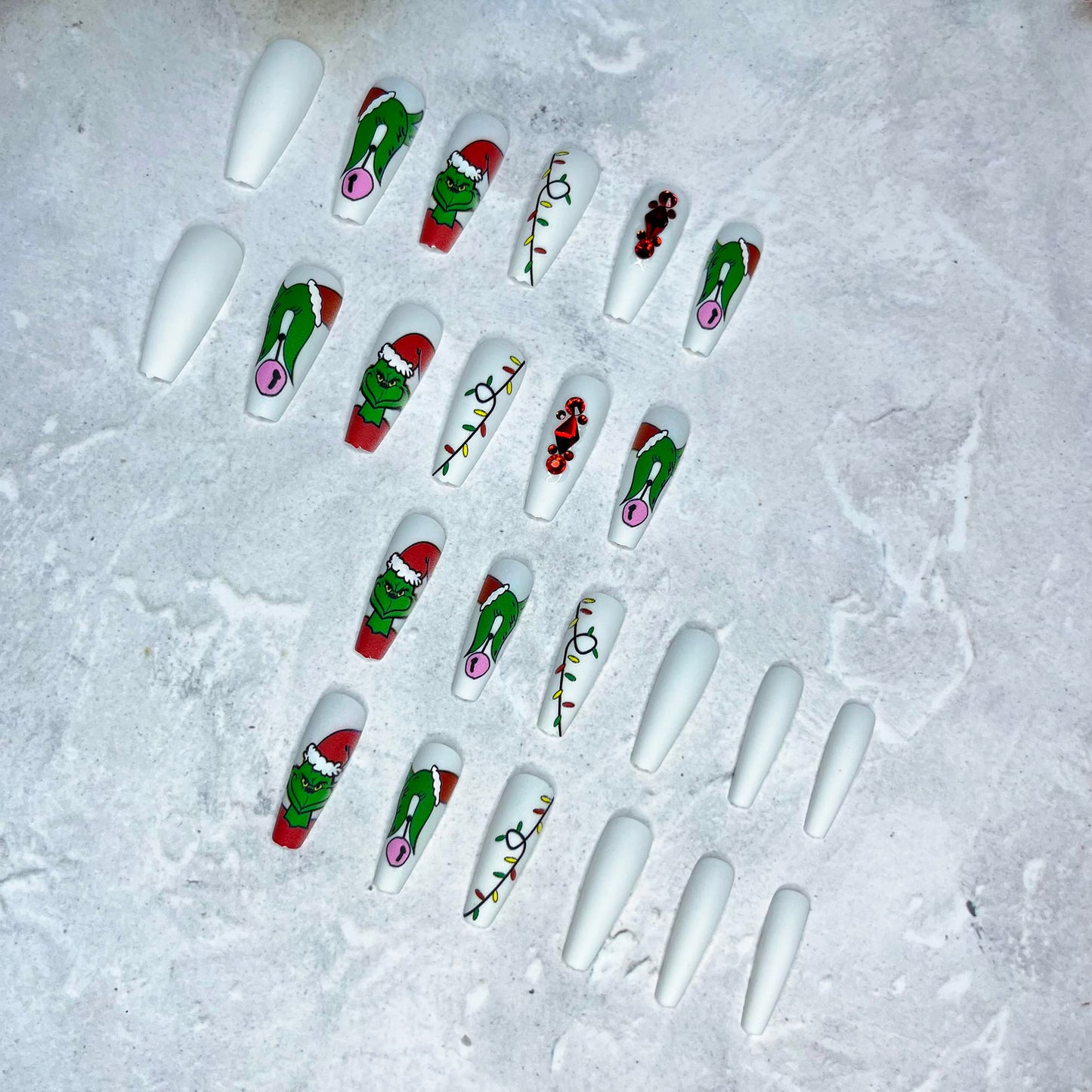 Christmas Press on Nails Long Coffin Fake Nails Green Fur Monster Design Full Cover Acrylic False Nails with Design Rhinestone Artificial Nails Winter Christmas Glue on Nails Nail Decorations