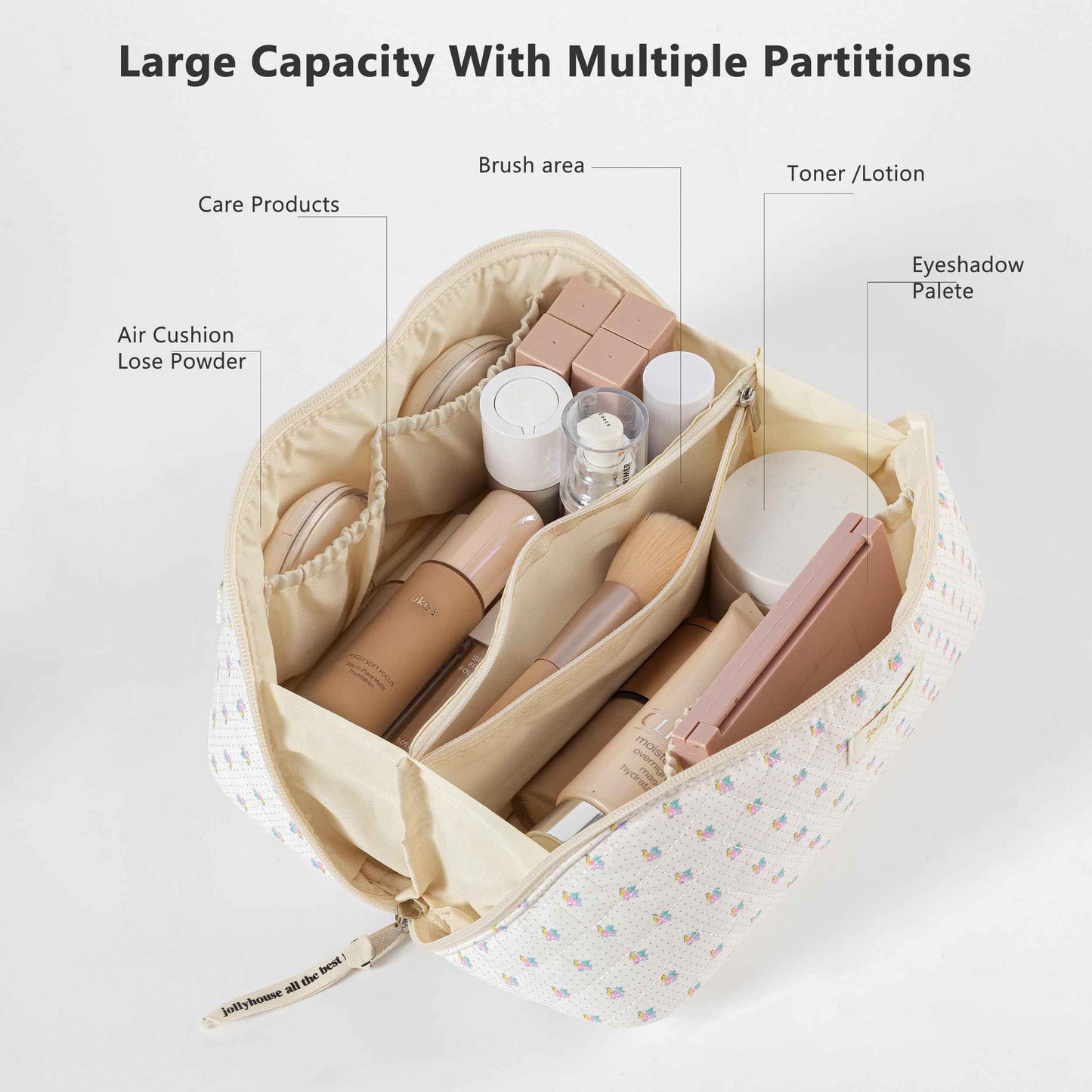 HBselect Quilted Makeup Bag, 3PCS Cotton Large Travel Makeup Bag, Cute Floral Coquette Make up Bag Cosmetic Bag Toiletry Bag for Women Girls