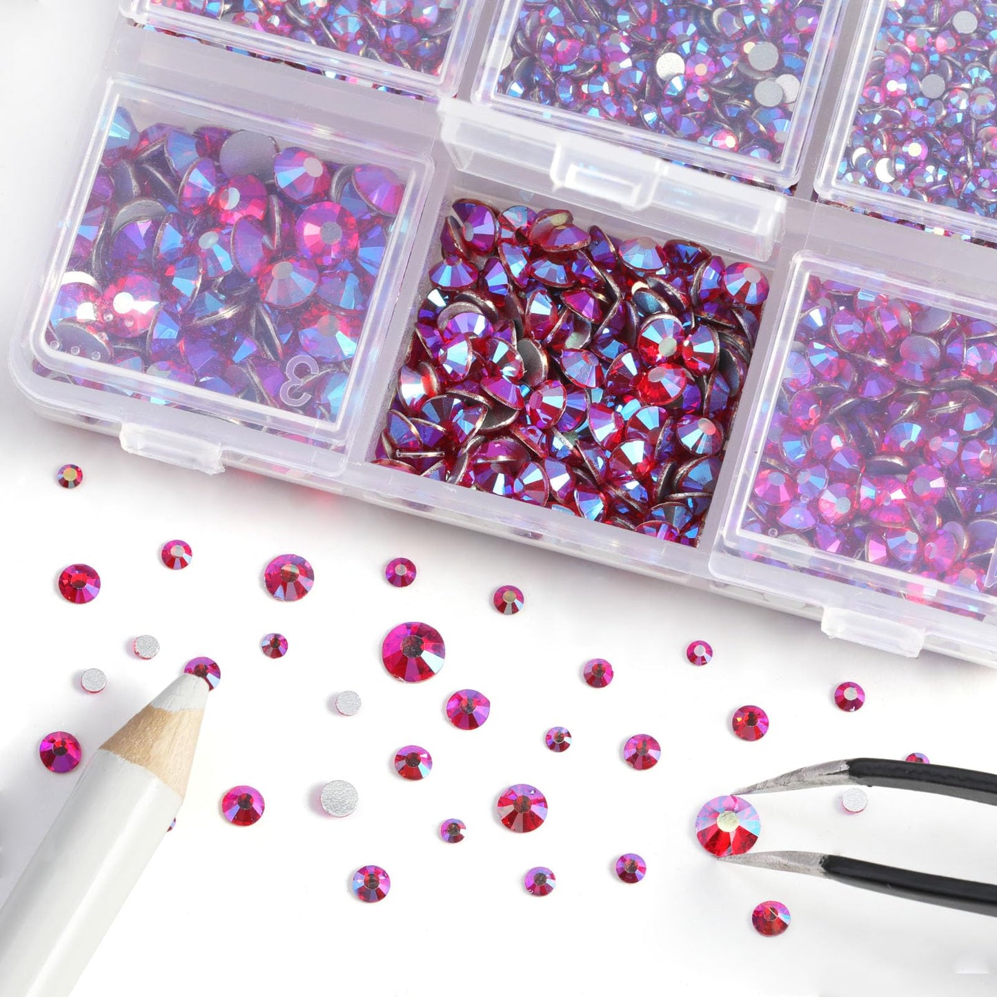 Beadsland 4300pcs Flatback Rhinestones, Red AB Rhinestones Nail Gems Round Crystal Rhinestones for Crafts,Mixed 6 Sizes with Picking Tweezers and Wax Pencil Kit, SS6-SS20, Siam AB