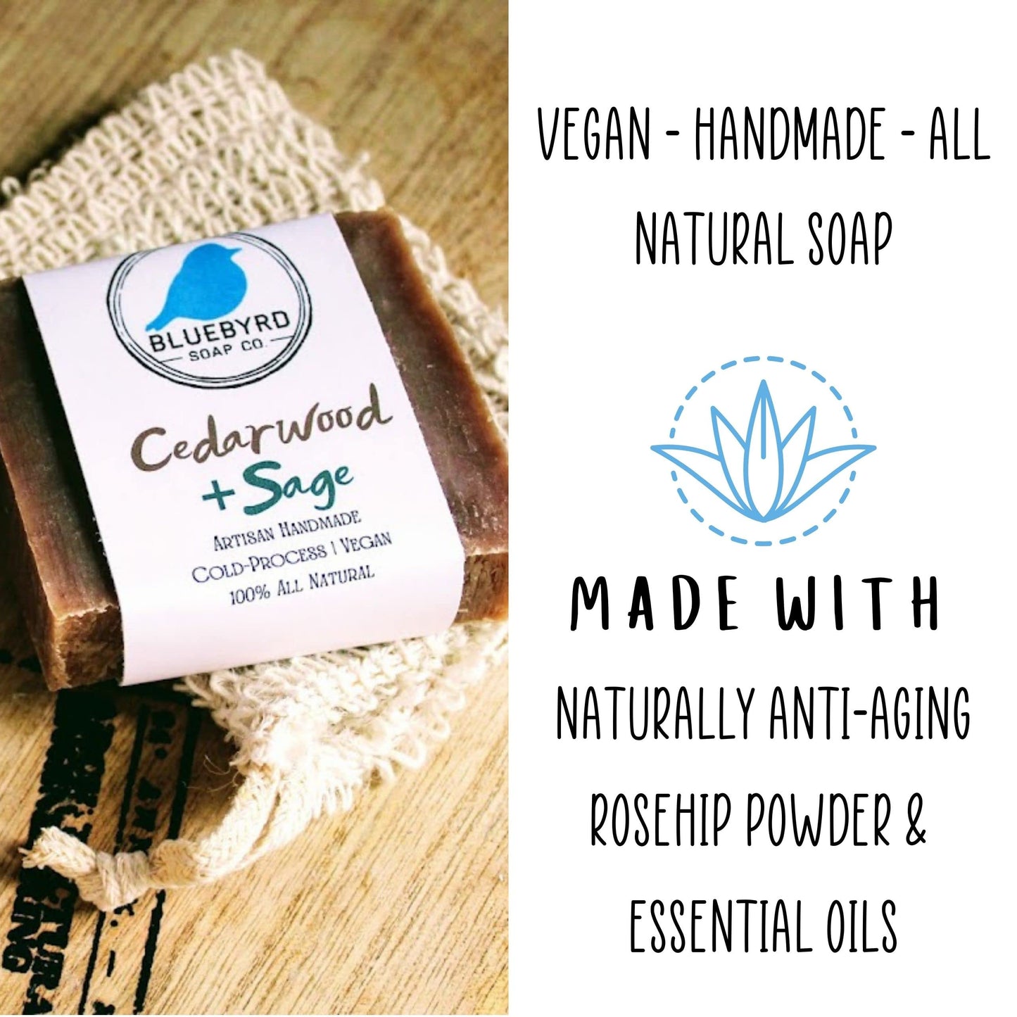 Bluebyrd Soap Co. Cedarwood + Wild Sage Bar Soap | 100% All Natural Essential Oil Soap Bar | USA Made Mens Organic Body Wash Bars | Vegan + Chemical Free (Cedarwood)