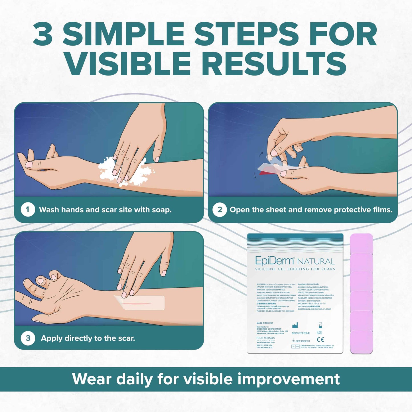 Epi-Derm Epi-Tab Squares Silicone Scar Sheets – Professional-Grade, Washable & Reusable Silicone Patches for Small Hypertrophic & Keloid Scars from Trauma, Liposuction & More - Clear, 6-Pack